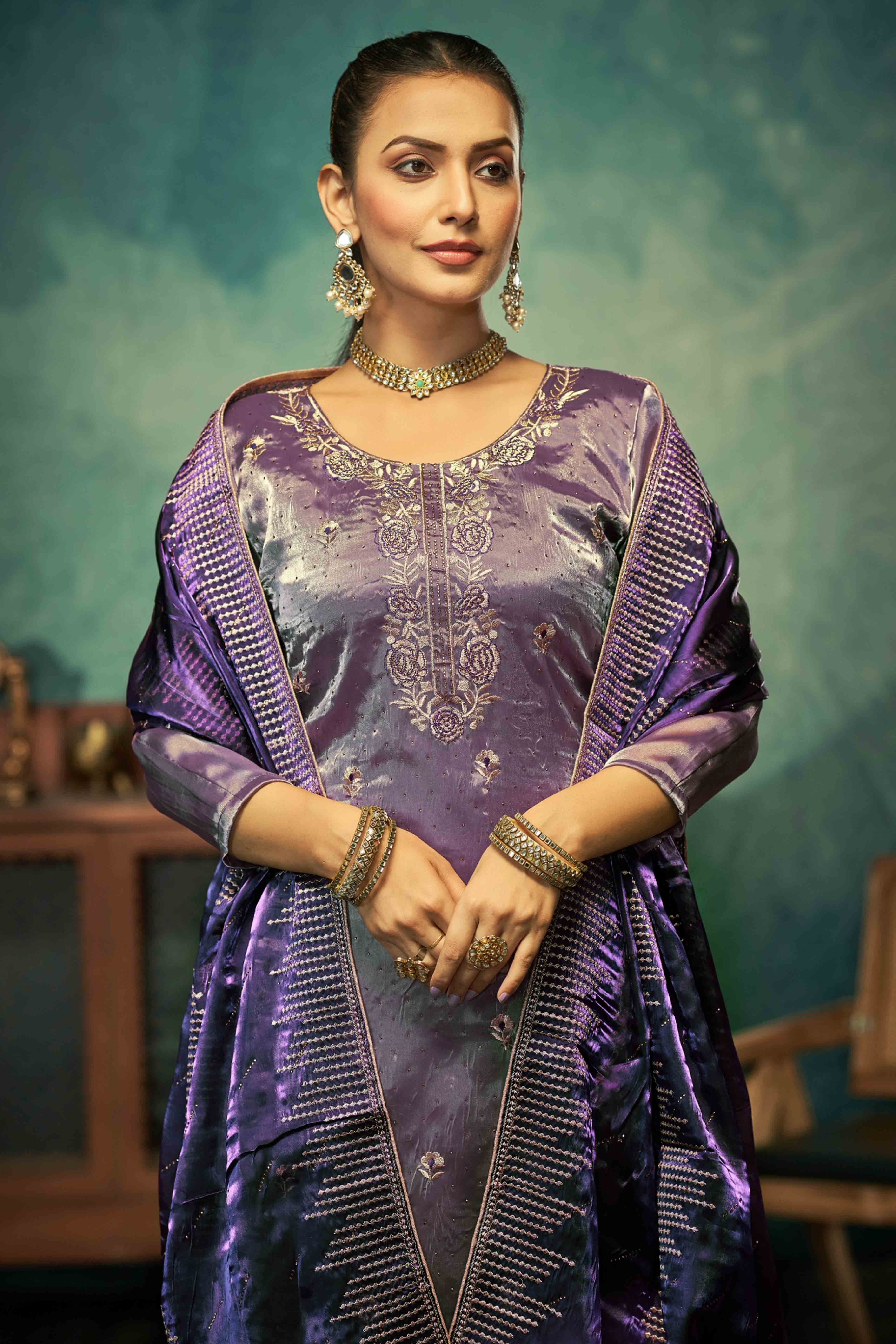 Purple Floral Embroidery With Swarovski Work Jimmy Choo Tissue Semi Stitched Suit