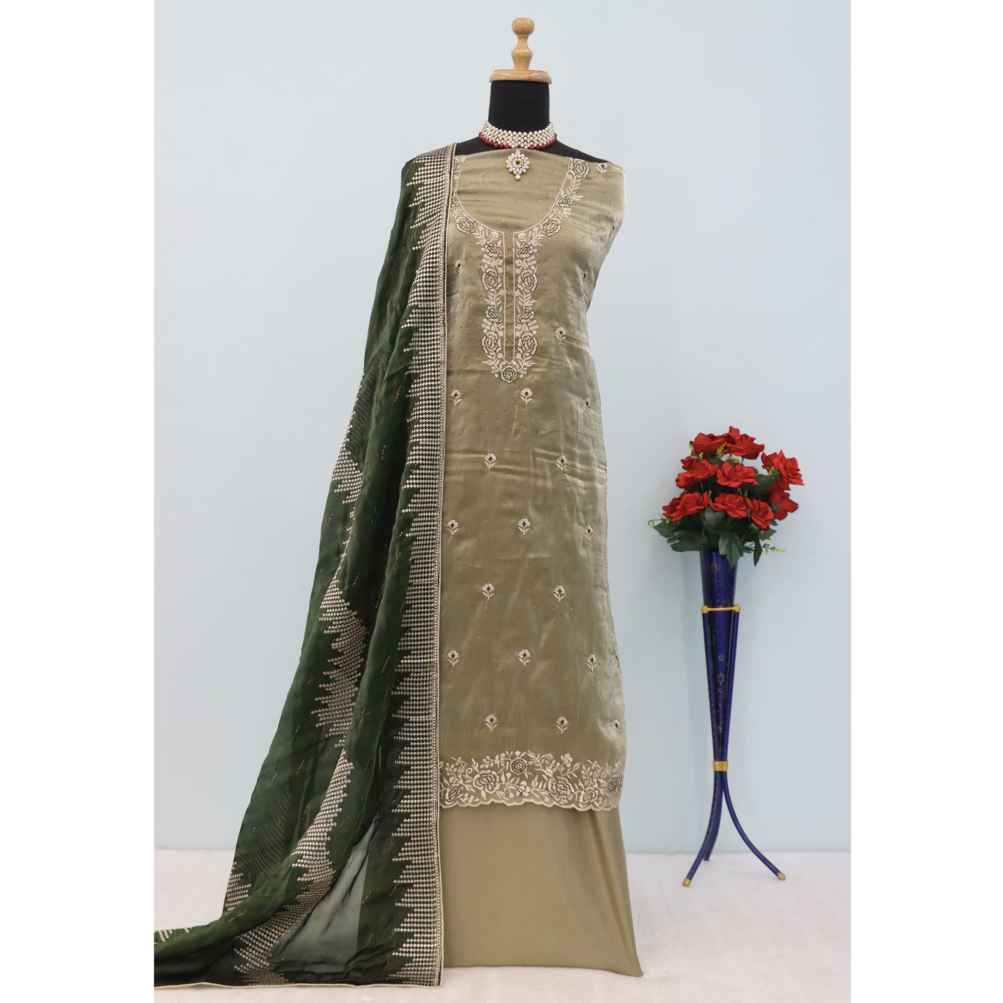 Green Floral Embroidery With Swarovski Work Jimmy Choo Tissue Semi Stitched Suit