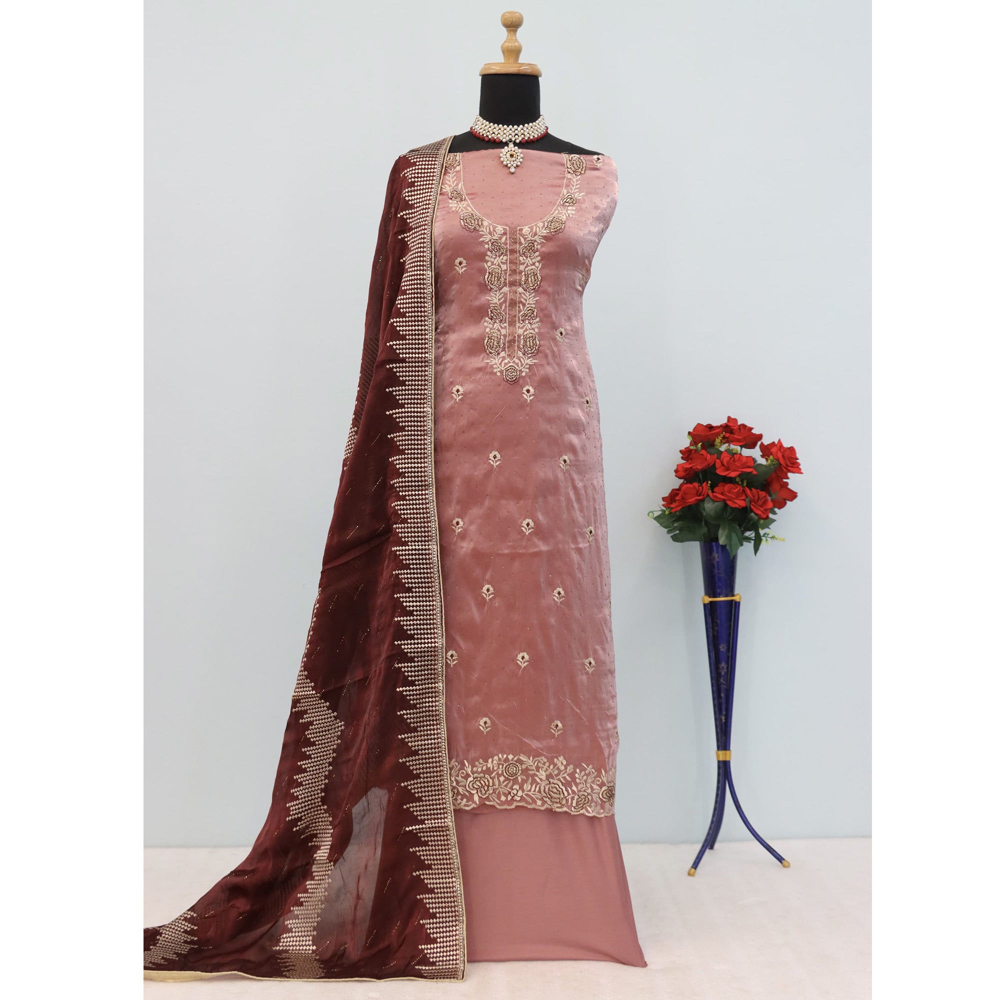 Dusty Rose Pink Floral Embroidery With Swarovski Work Jimmy Choo Tissue Semi Stitched Suit