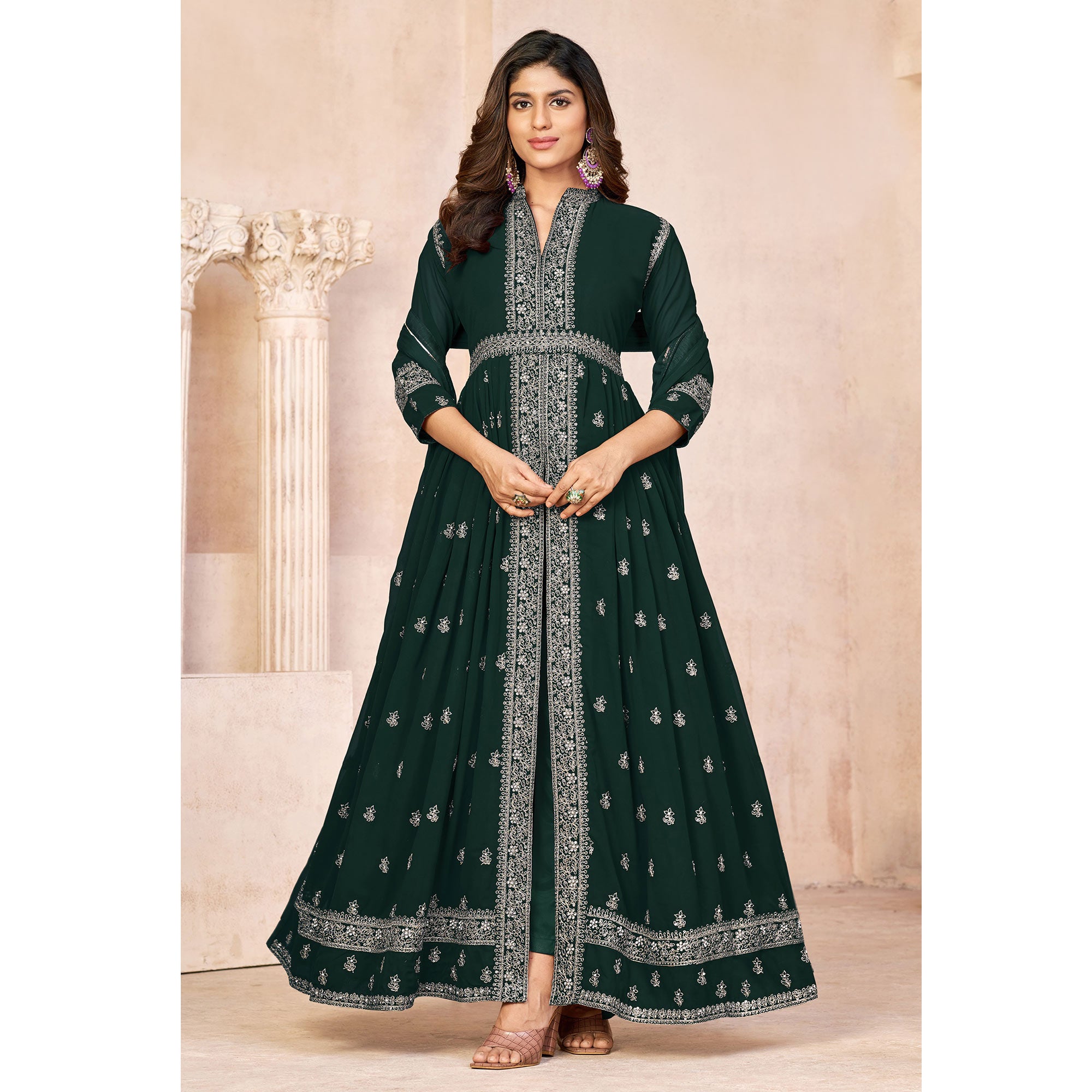 Green Floral Embroidered Front Slit Semi Stitched Georgette Anarkali Suit