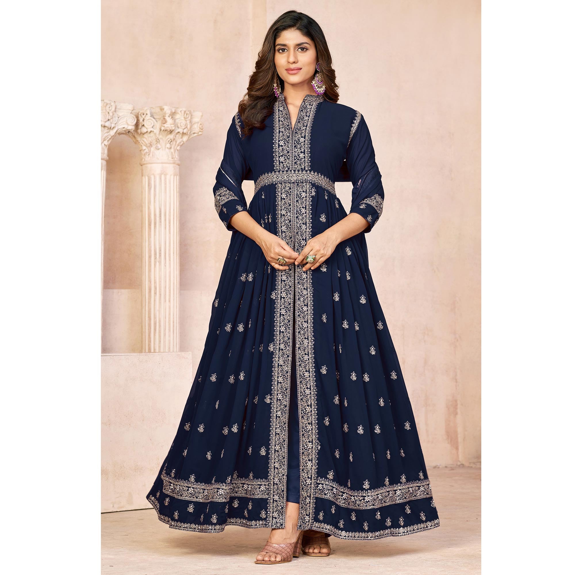 Blue Floral Embroidered Front Slit Semi Stitched Georgette Anarkali Suit