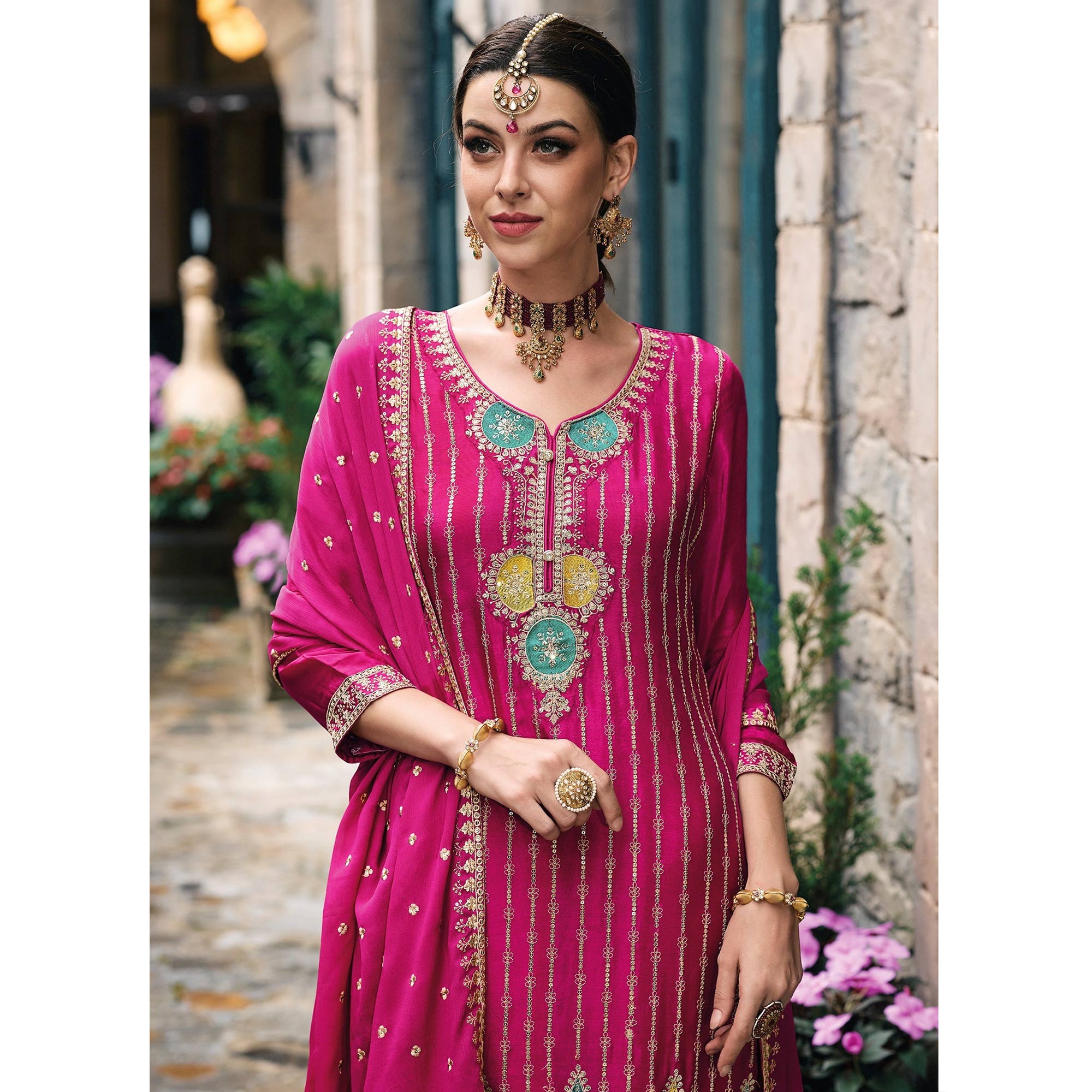 Pink Embroidered Chinon Semi Stitched Palazzo Suit