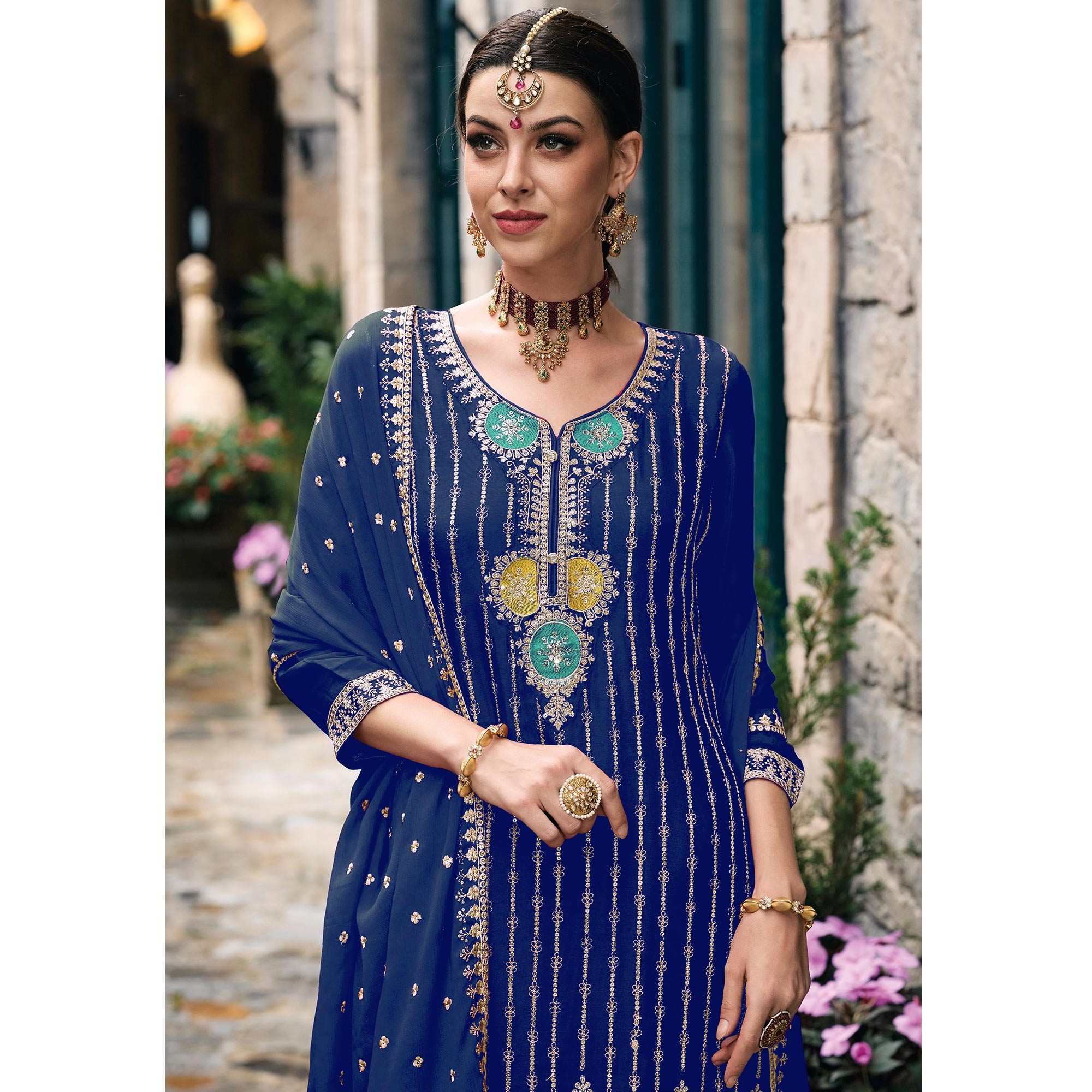 Blue Embroidered Chinon Semi Stitched Palazzo Suit