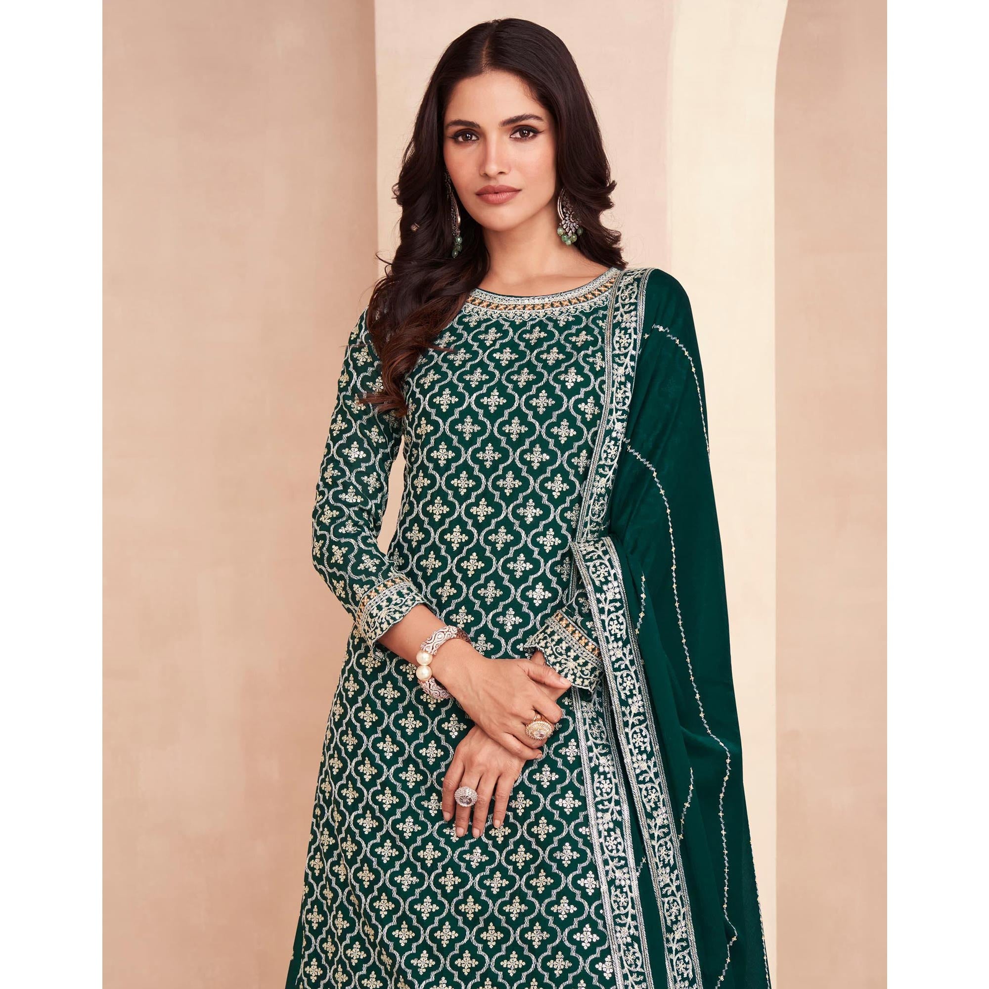 Dark Green Embroidered Chinon Semi Stitched Sharara Suit