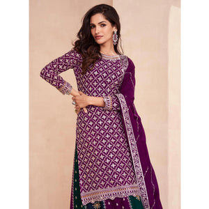 Purple Embroidered Chinon Semi Stitched Sharara Suit