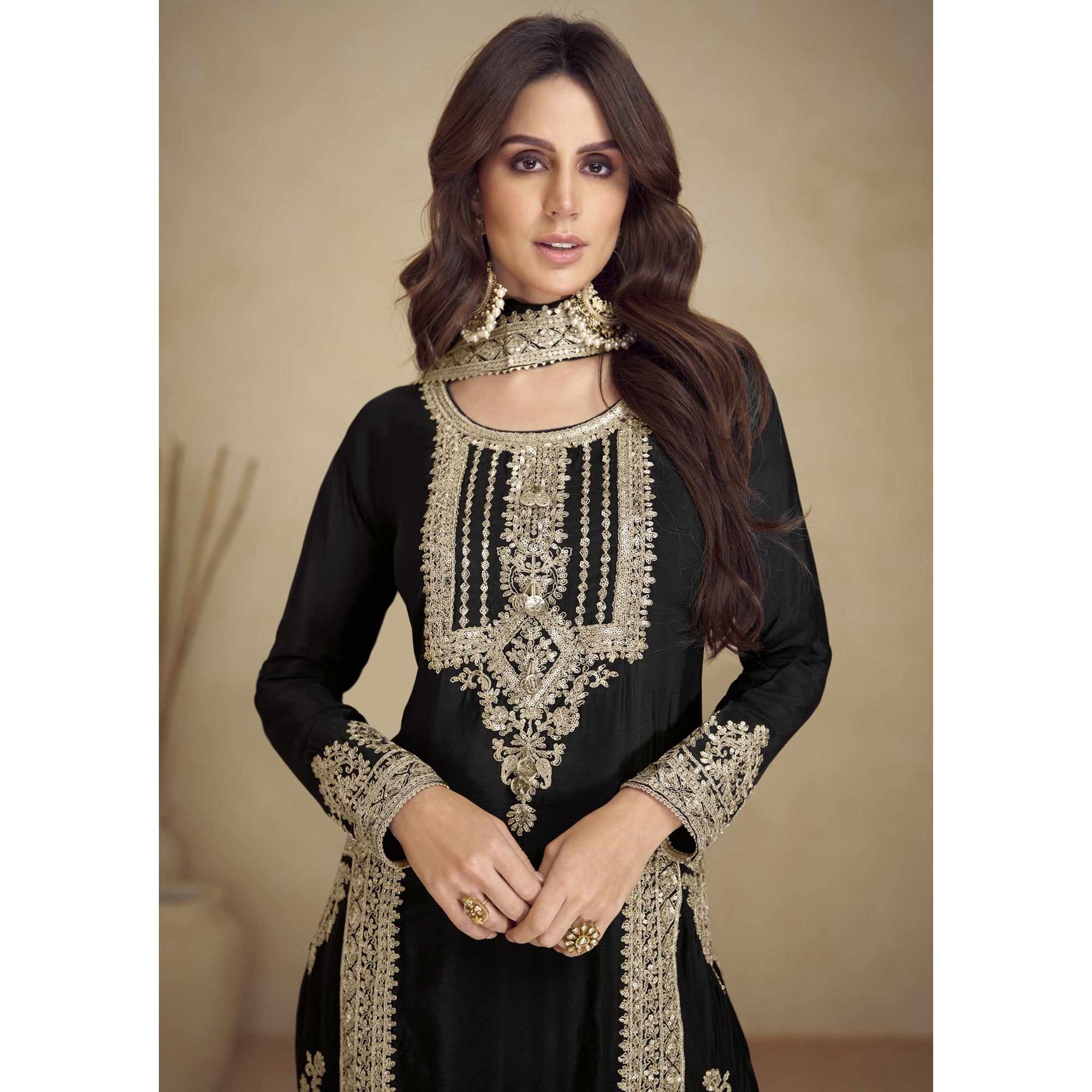 Black Floral Sequins Embroidered Georgette Semi Stitched Salwar Suit