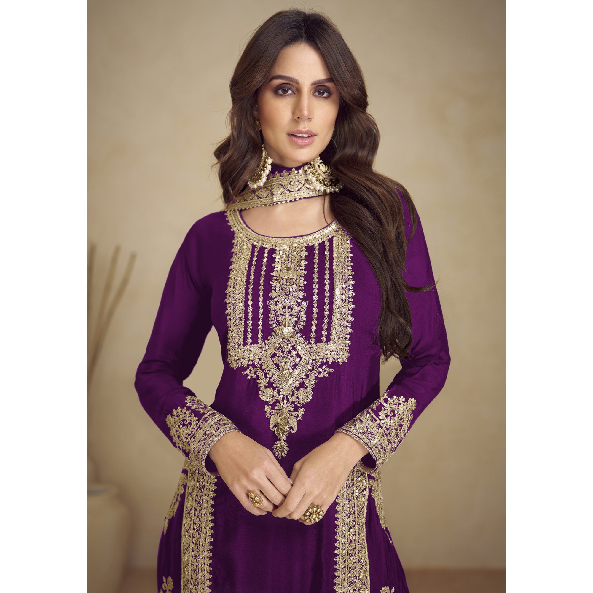 Purple Floral Sequins Embroidered Georgette Semi Stitched Salwar Suit