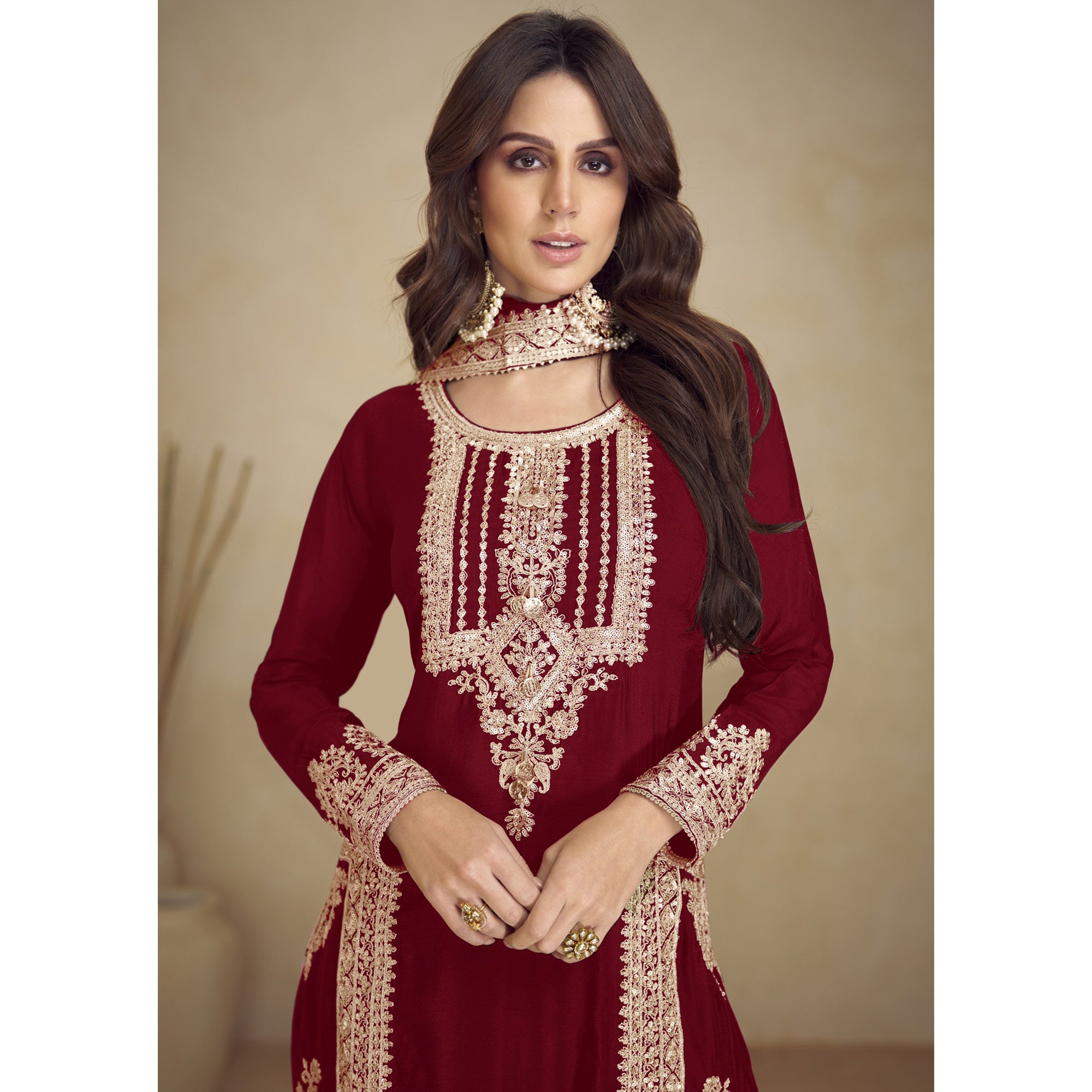 Maroon Floral Sequins Embroidered Georgette Semi Stitched Salwar Suit