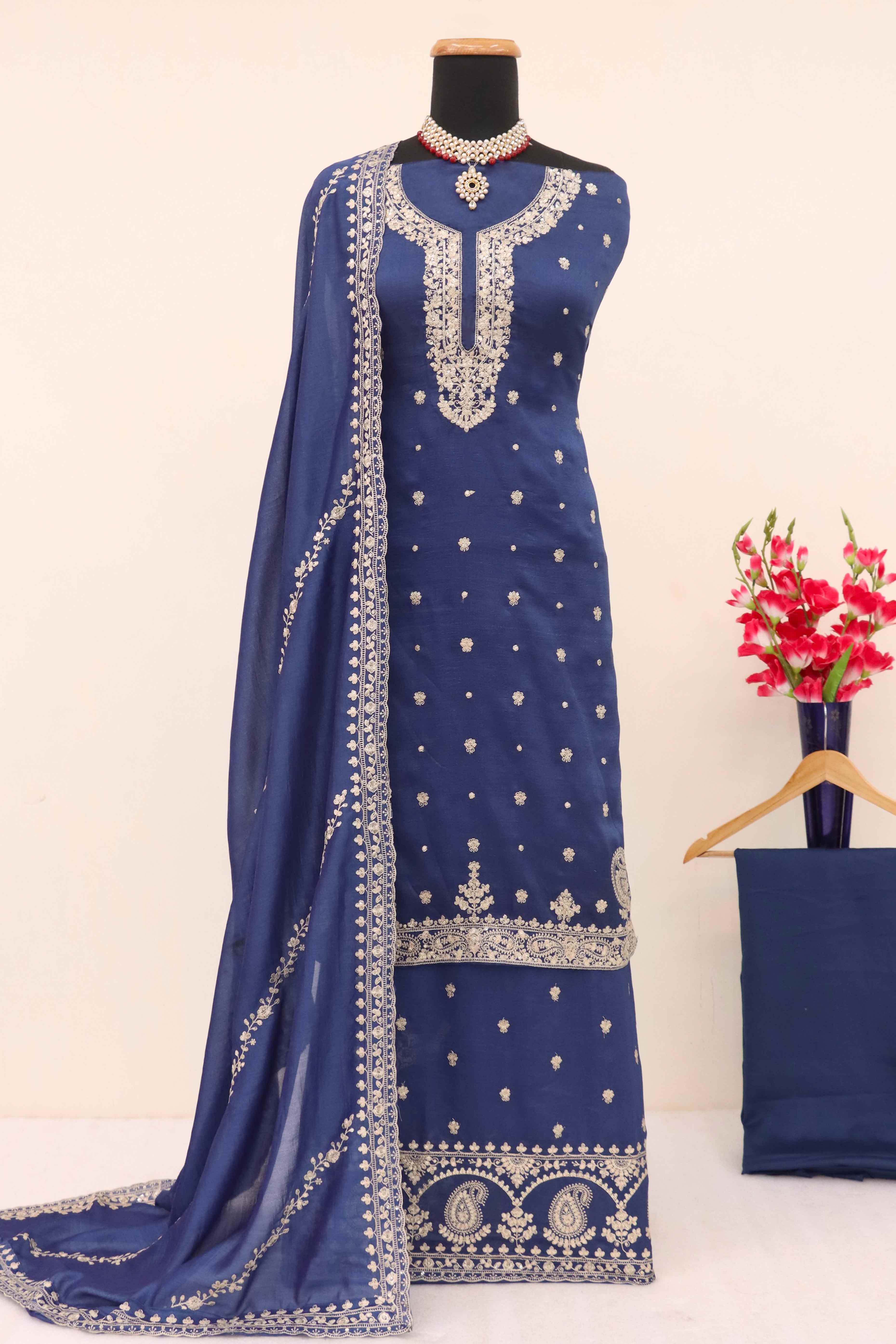 Blue Floral Sequins Embroidered Satin Silk Semi Stitched Suit