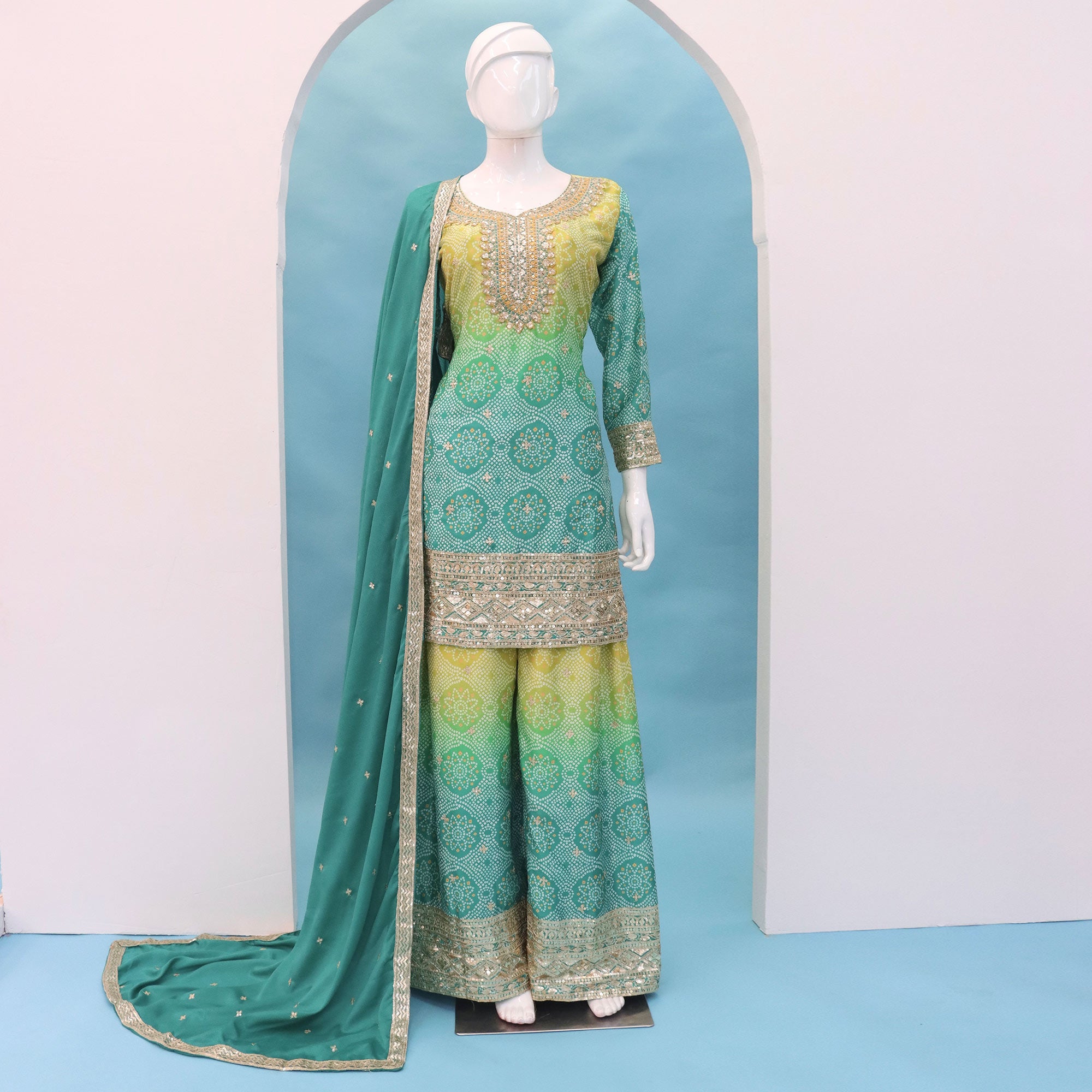 Teal Embroidered Chinon Palazzo Suit