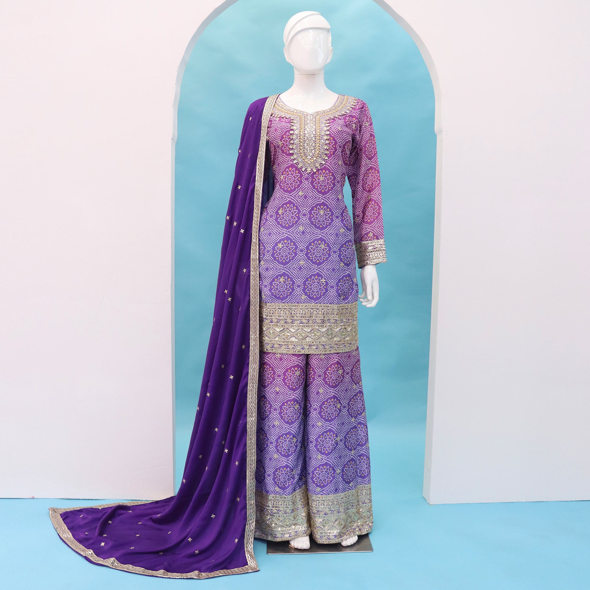 Purple Embroidered Chinon Palazzo Suit