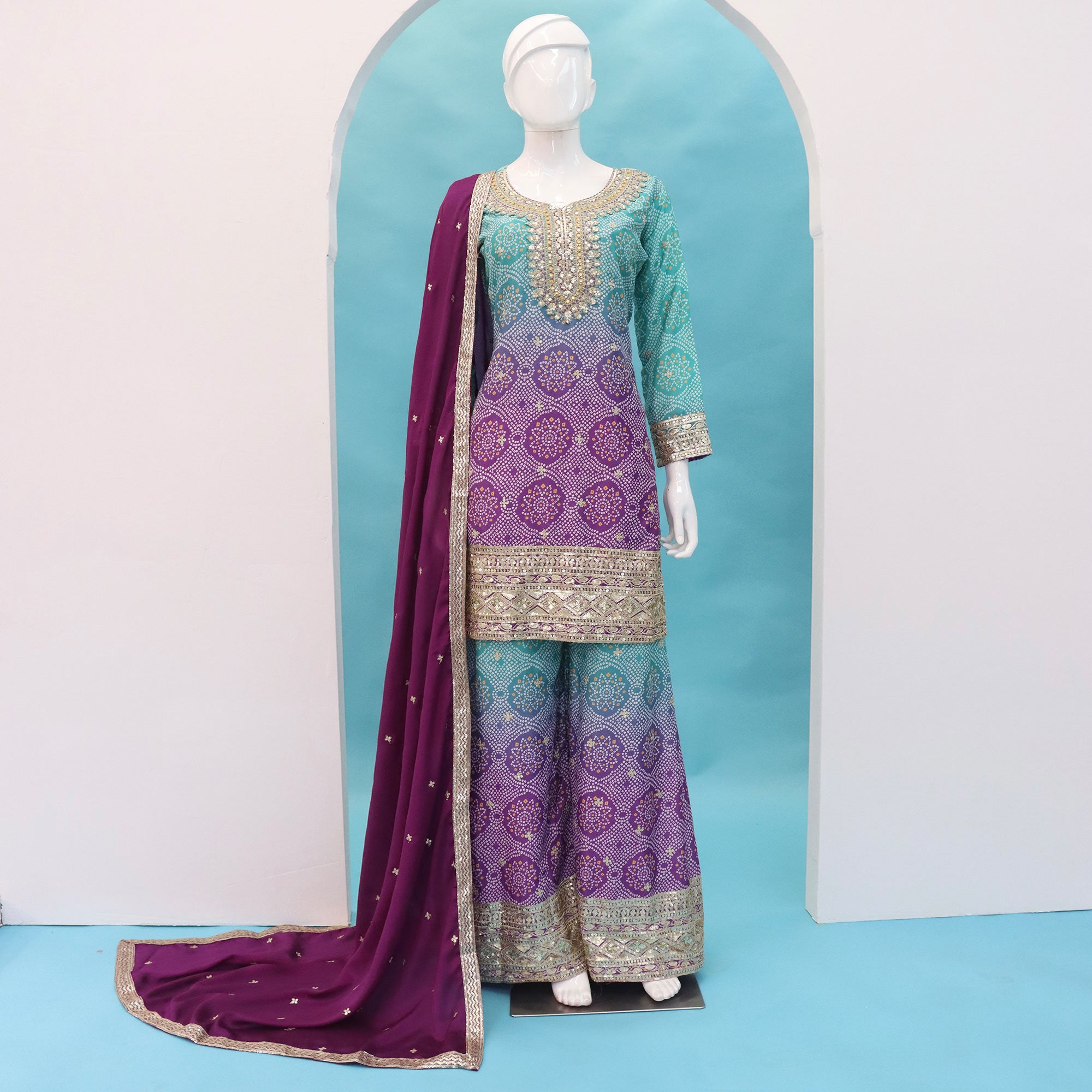 Magenta Embroidered Chinon Palazzo Suit