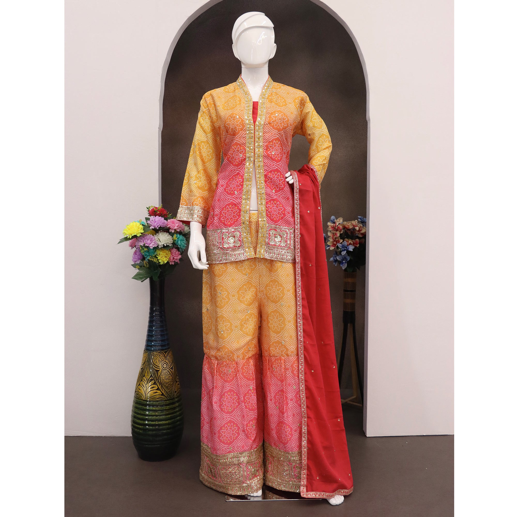 Yellow & Red Bandhani Print With Sequins Embroidered Chinon Palazzo Suit