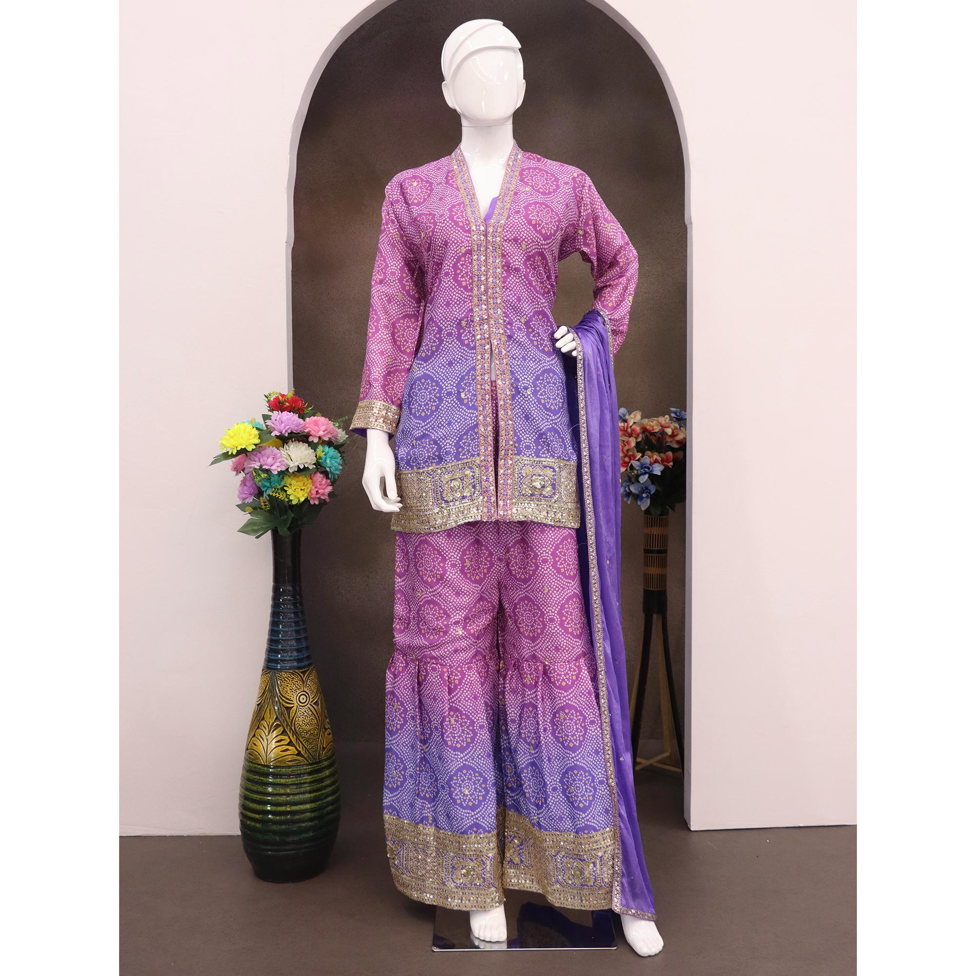 Purple & Lavender Bandhani Print With Sequins Embroidered Chinon Palazzo Suit