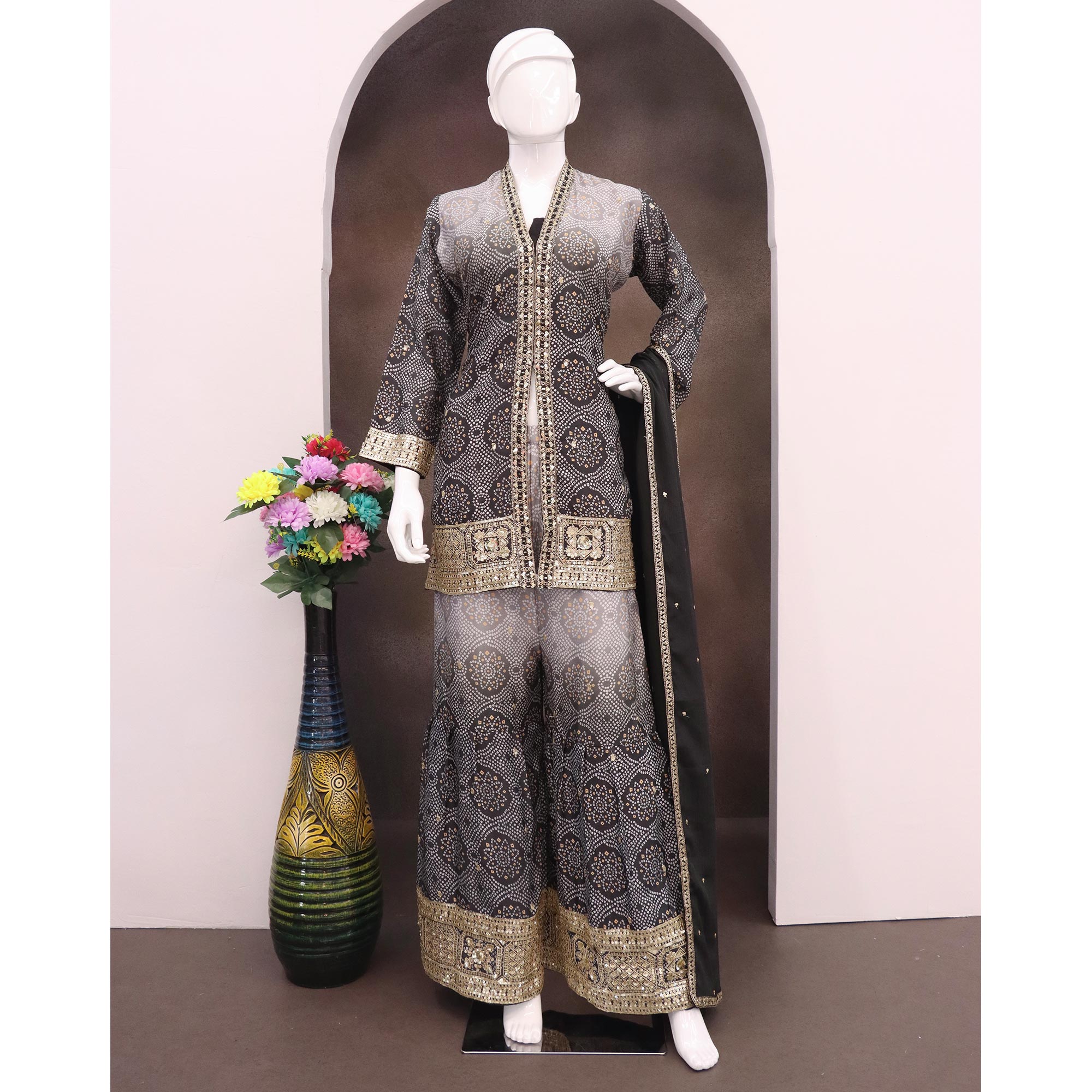 Grey & Black Bandhani Print With Sequins Embroidered Chinon Palazzo Suit