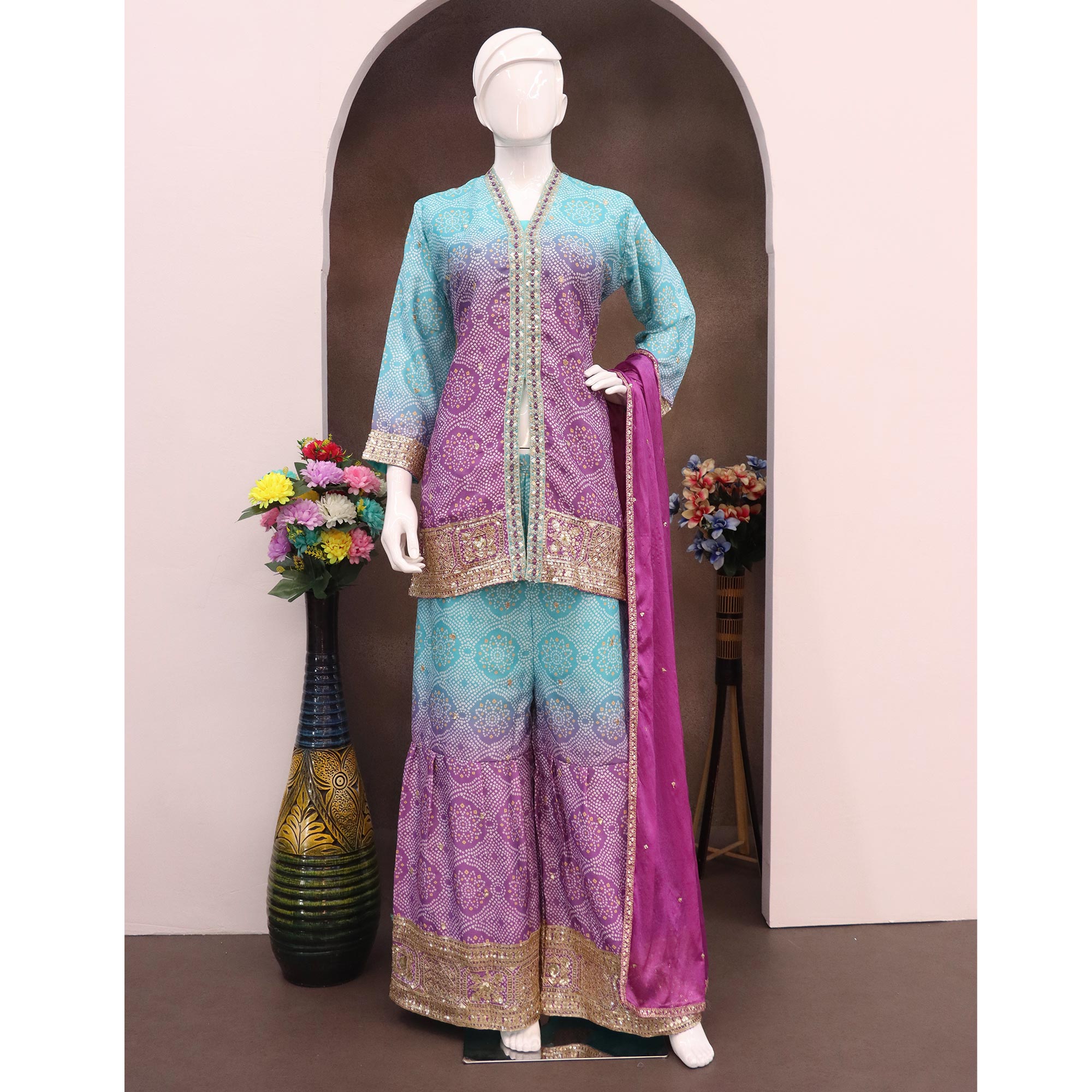 Blue & Purple Bandhani Print With Sequins Embroidered Chinon Palazzo Suit