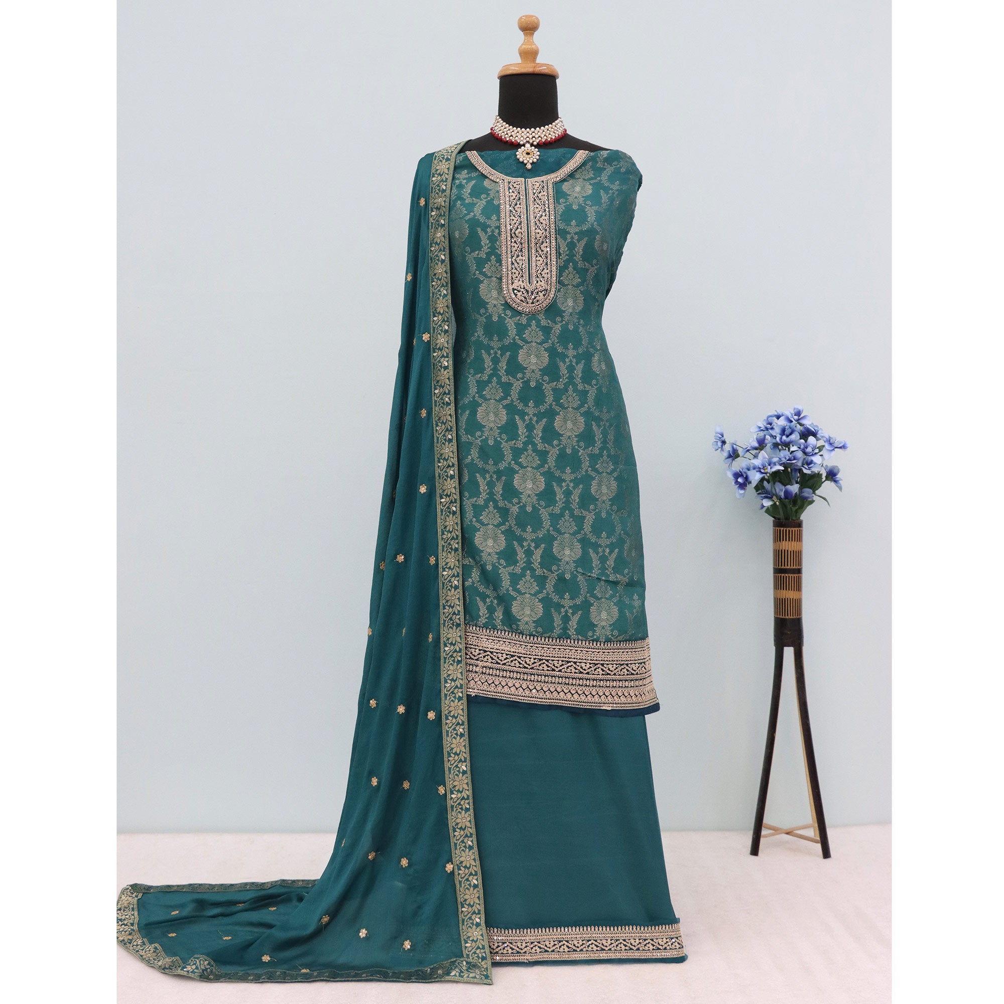 Teal Woven With Embroidered Jacquard Viscose Semi Stitched Salwar Suit