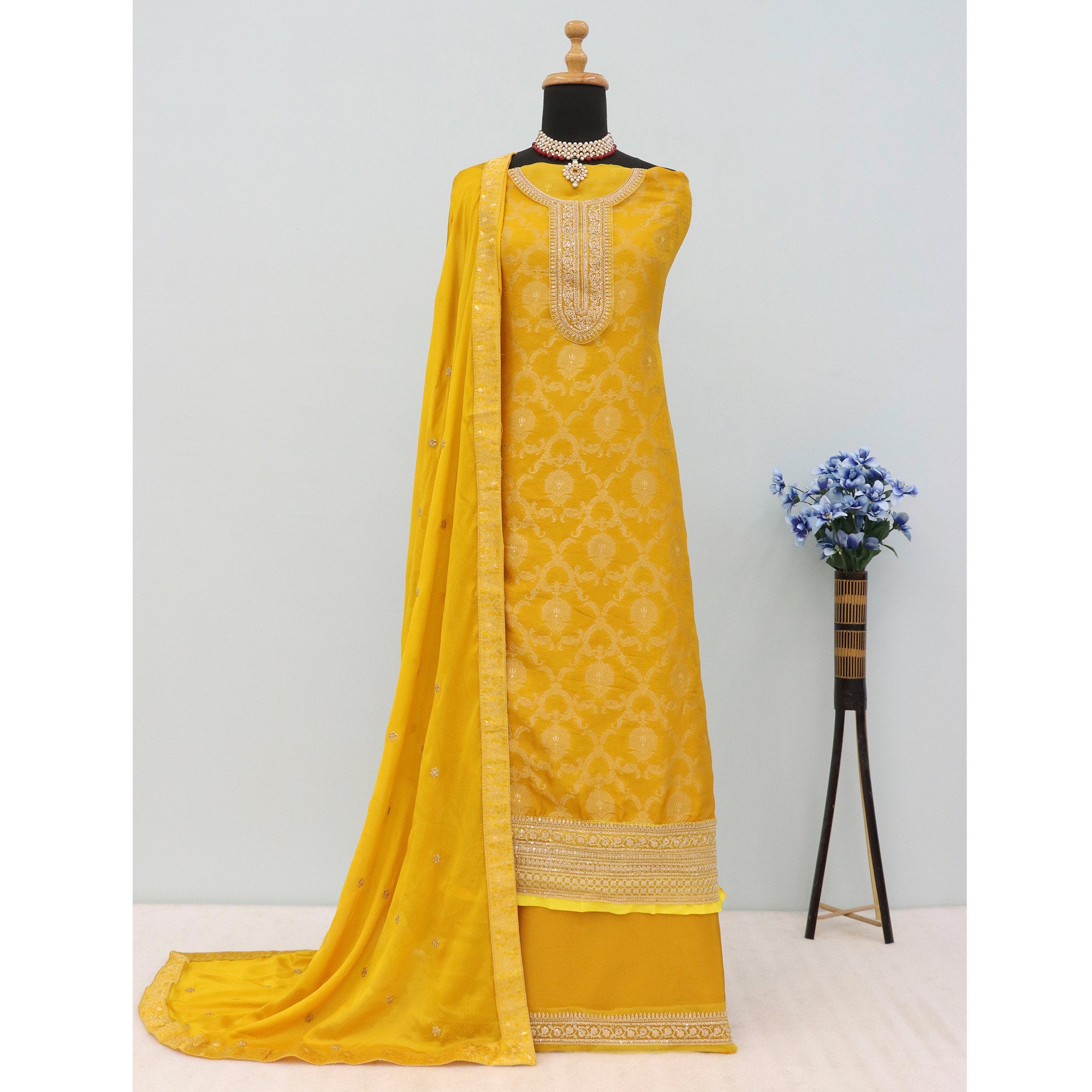 Yellow Woven With Embroidered Jacquard Viscose Semi Stitched Salwar Suit