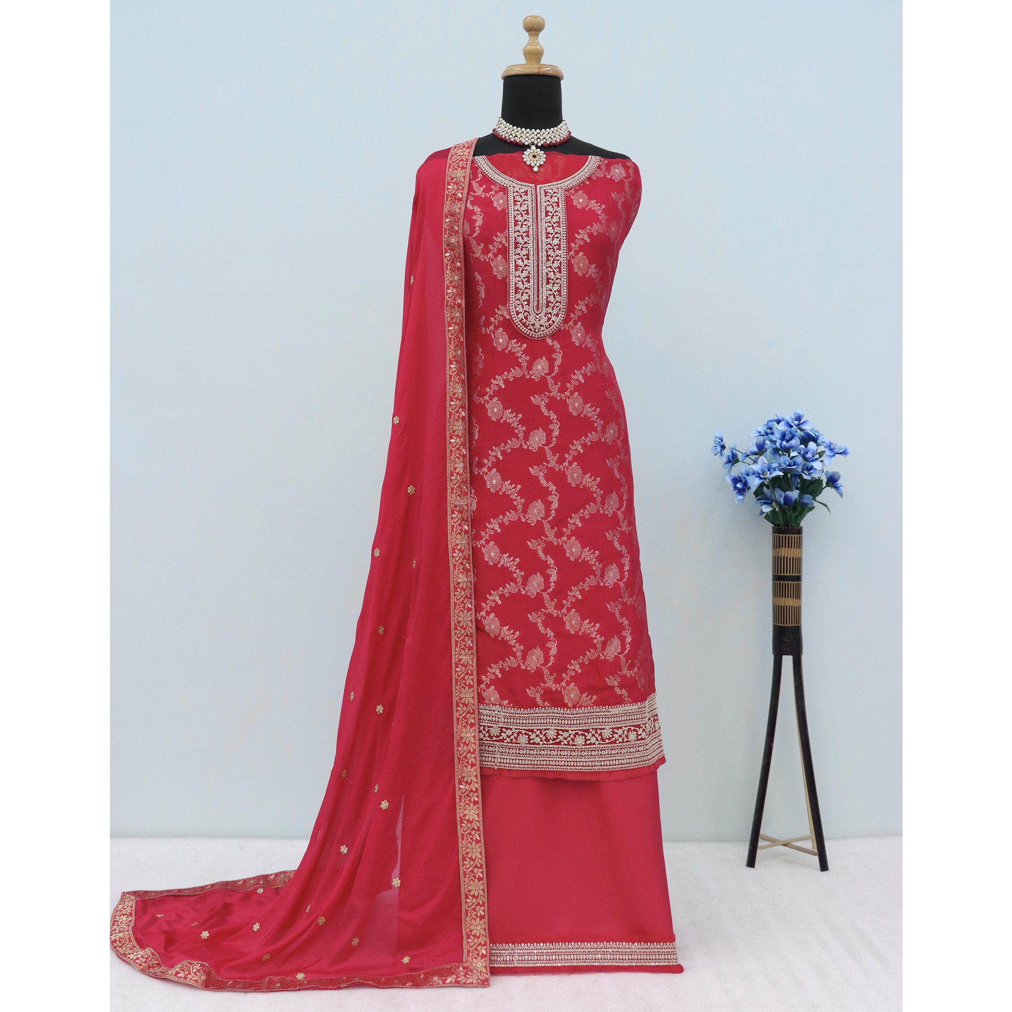 Red Woven With Embroidered Jacquard Viscose Semi Stitched Salwar Suit