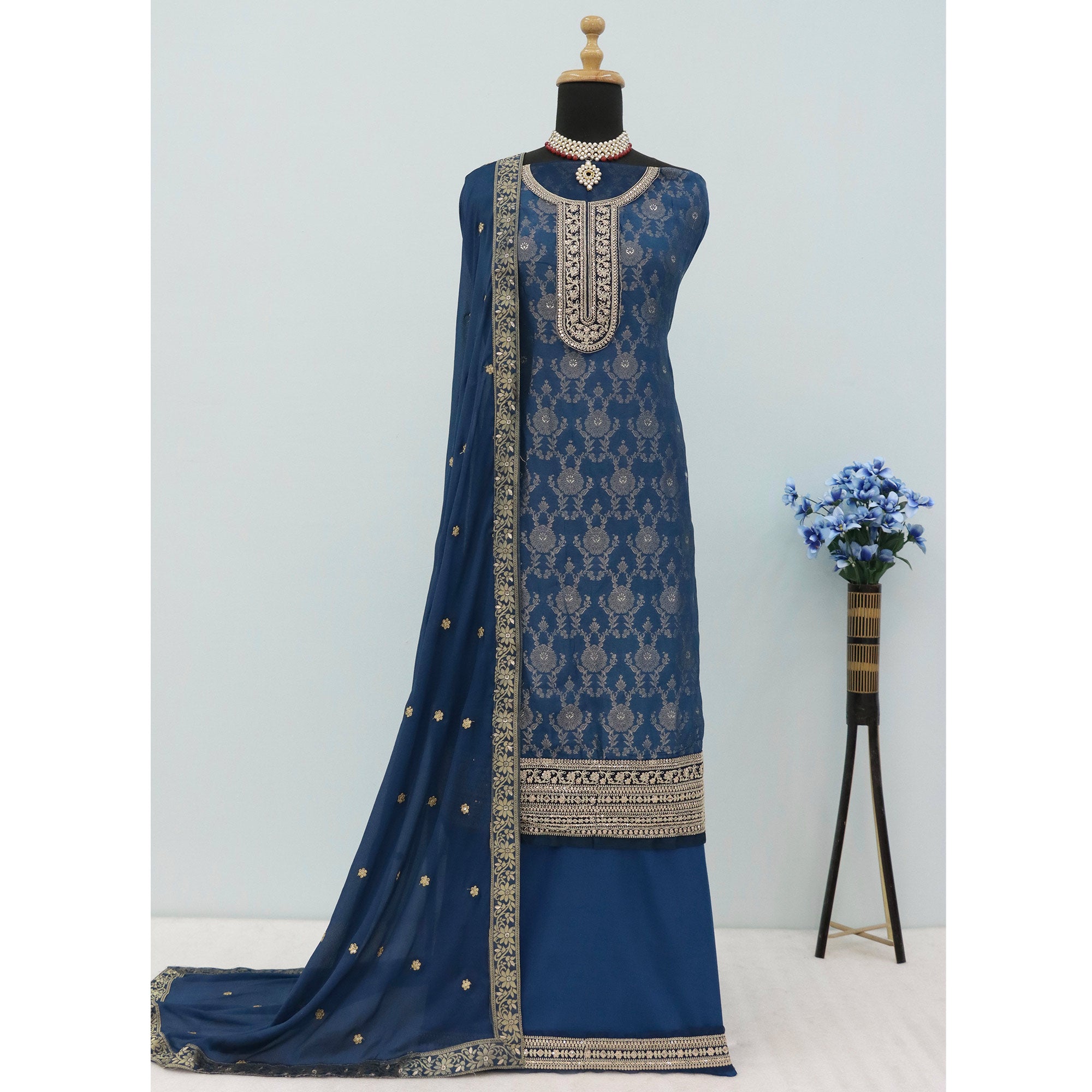 Blue Woven With Embroidered Jacquard Viscose Semi Stitched Salwar Suit