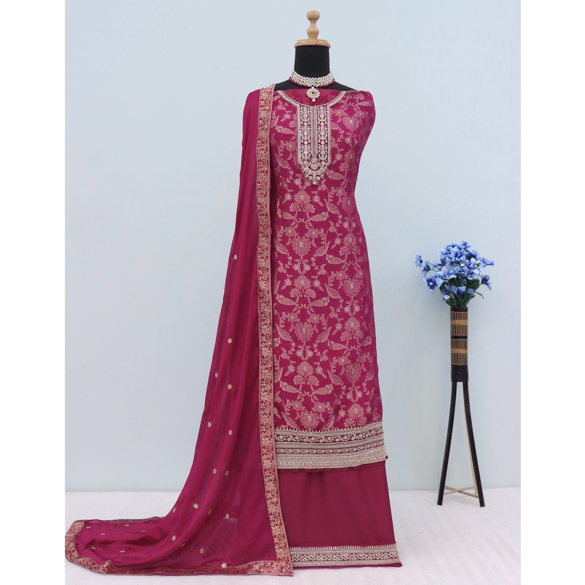 Wine Woven With Embroidered Jacquard Viscose Semi Stitched Salwar Suit