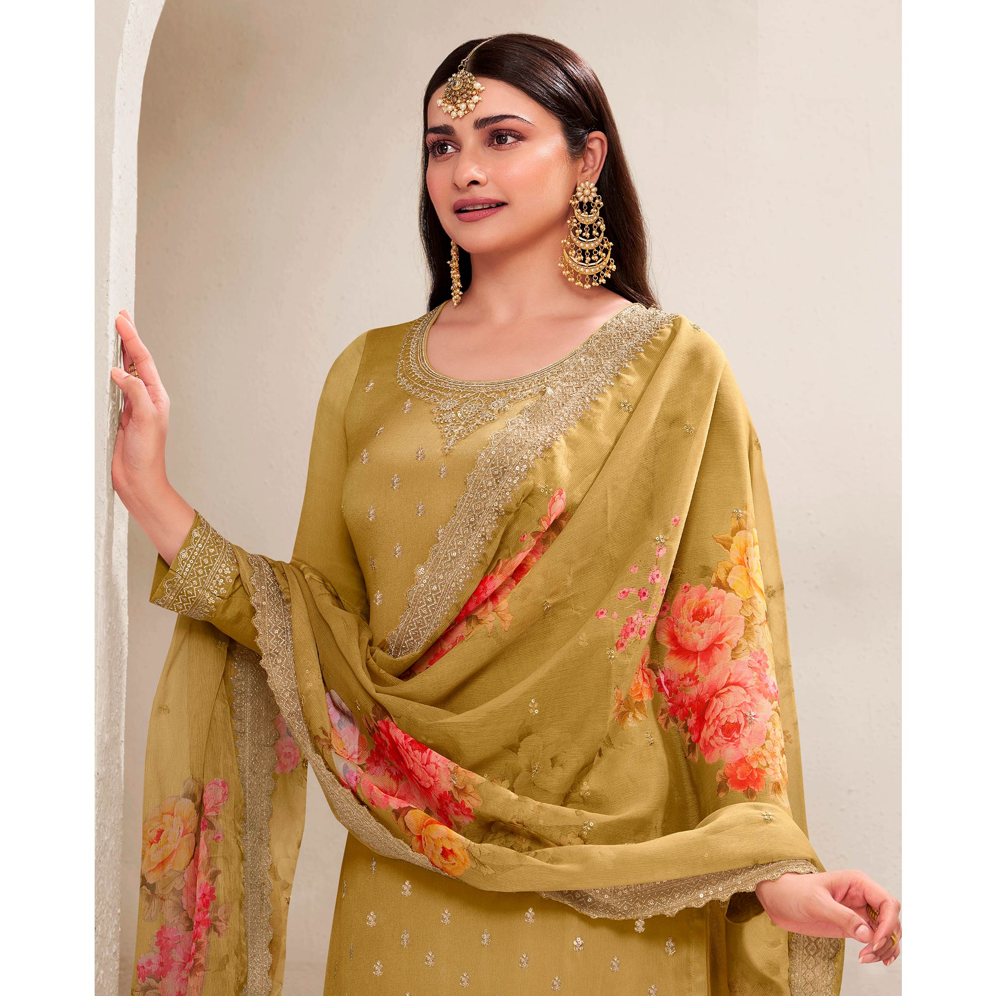 Olive Embroidered Chinon Semi Stitched Dress Material With Palazzo