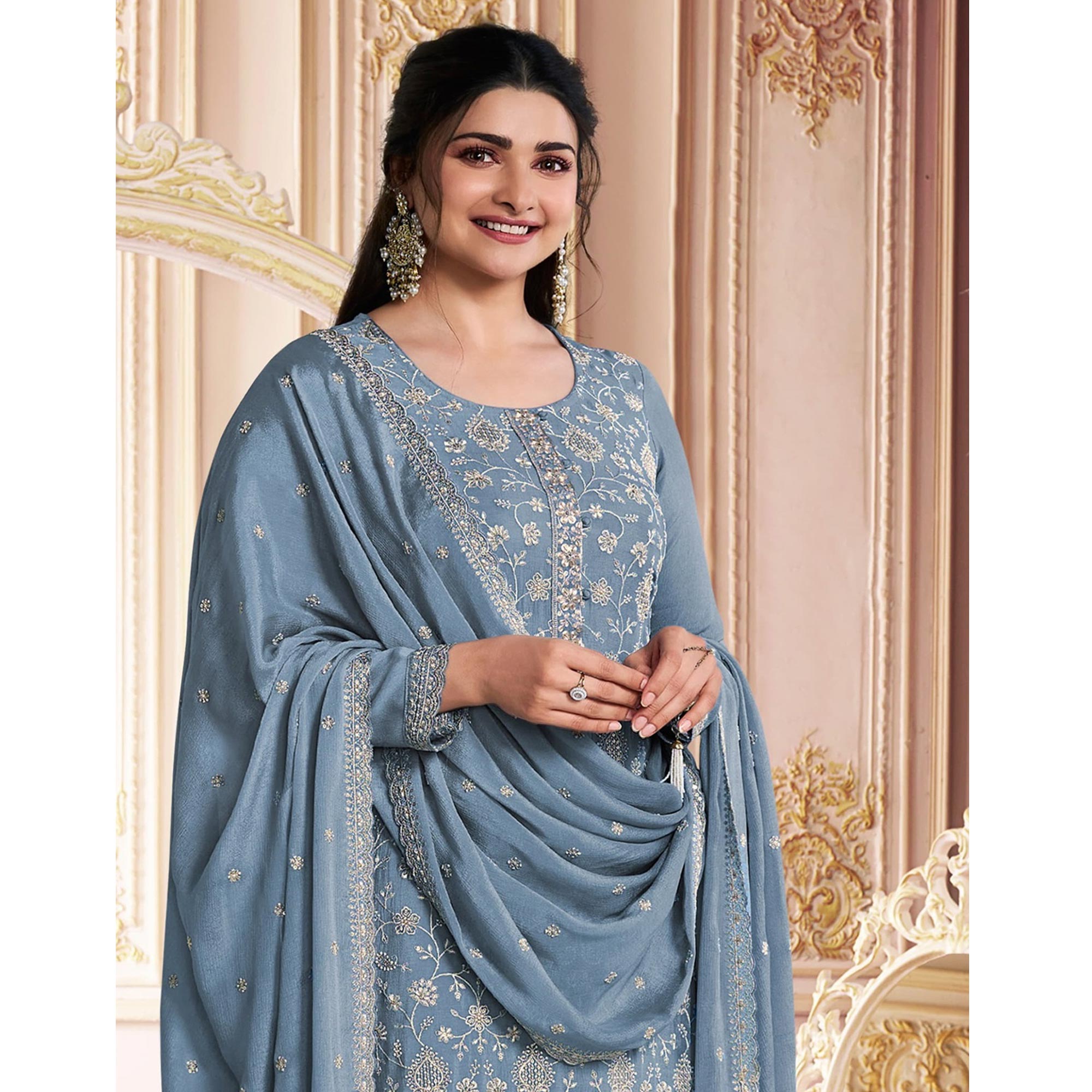 Grey Embroidered With Diamond Work Chinon Silk Semi Stitched Suit