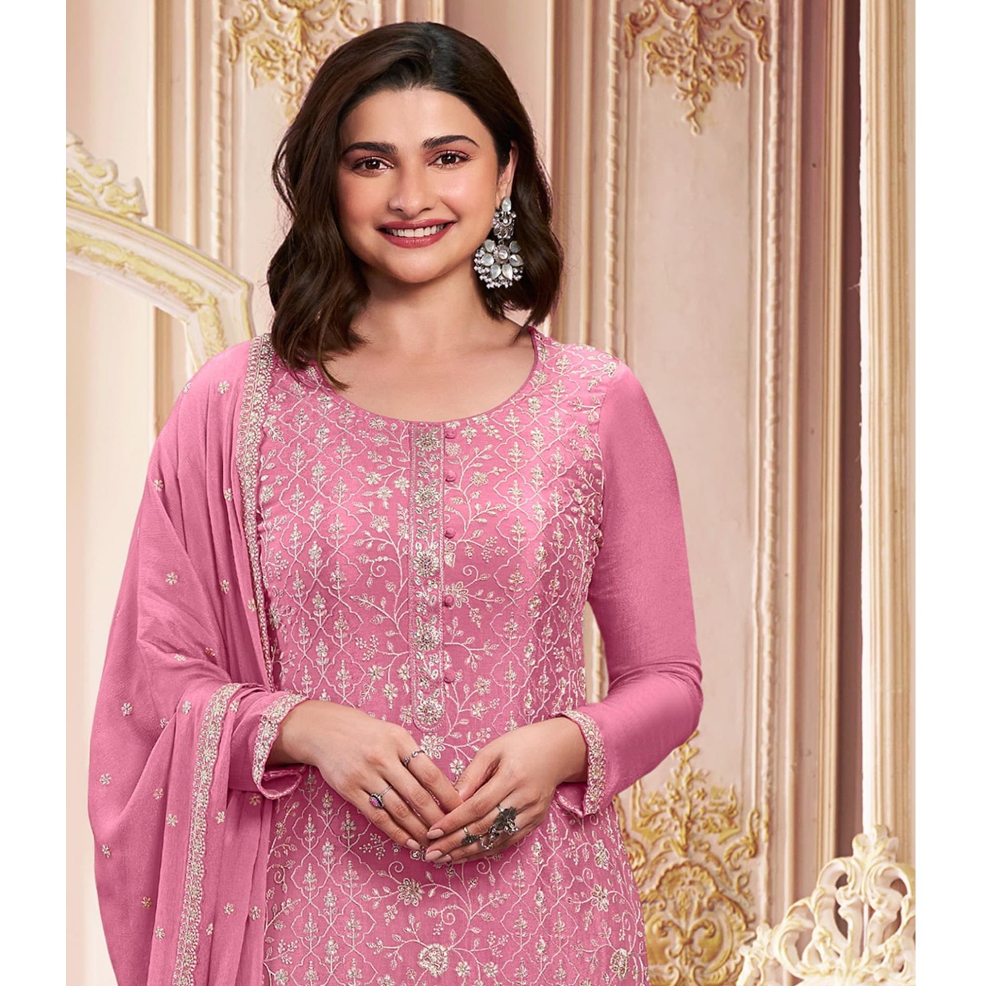 Pink Embroidered With Diamond Work Chinon Silk Semi Stitched Suit