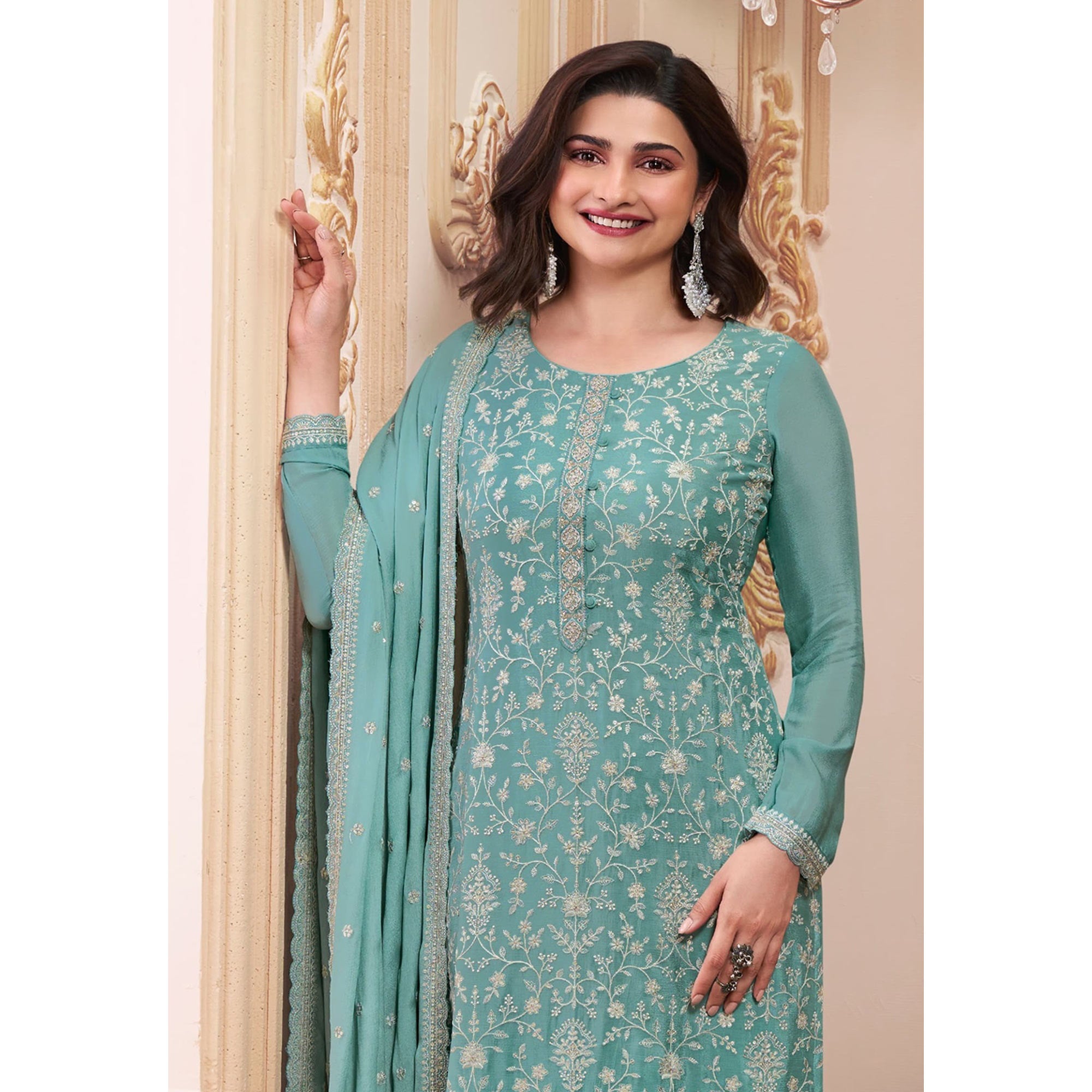 Turquoise Embroidered With Diamond Work Chinon Silk Semi Stitched Suit