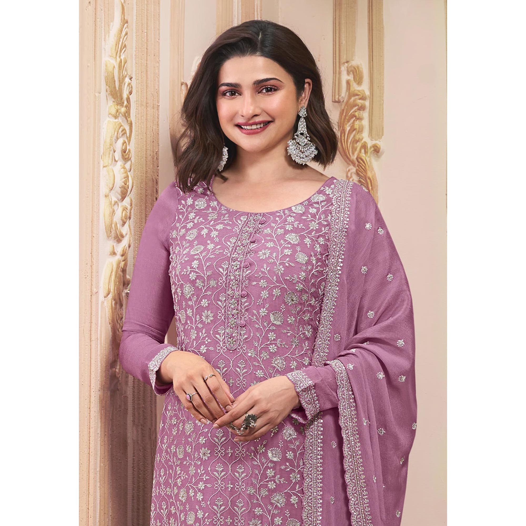 Purple Embroidered With Diamond Work Chinon Silk Semi Stitched Suit