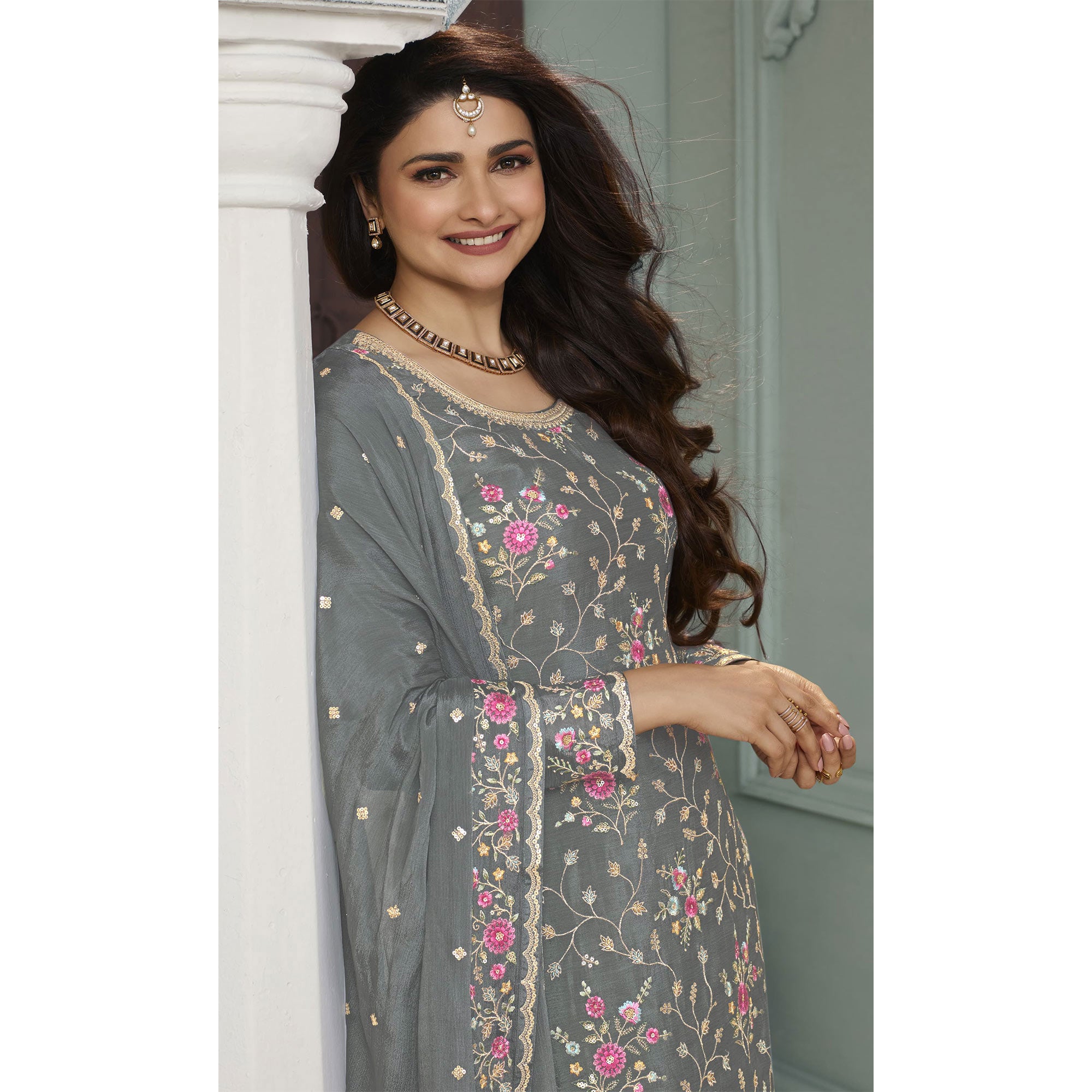 Grey Floral Embroidered Chinon Sharara Salwar Suit