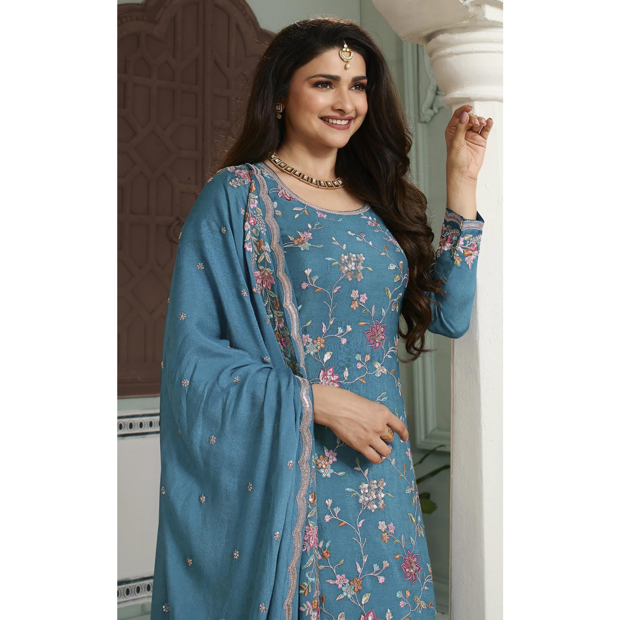 Blue Floral Embroidered Chinon Sharara Salwar Suit