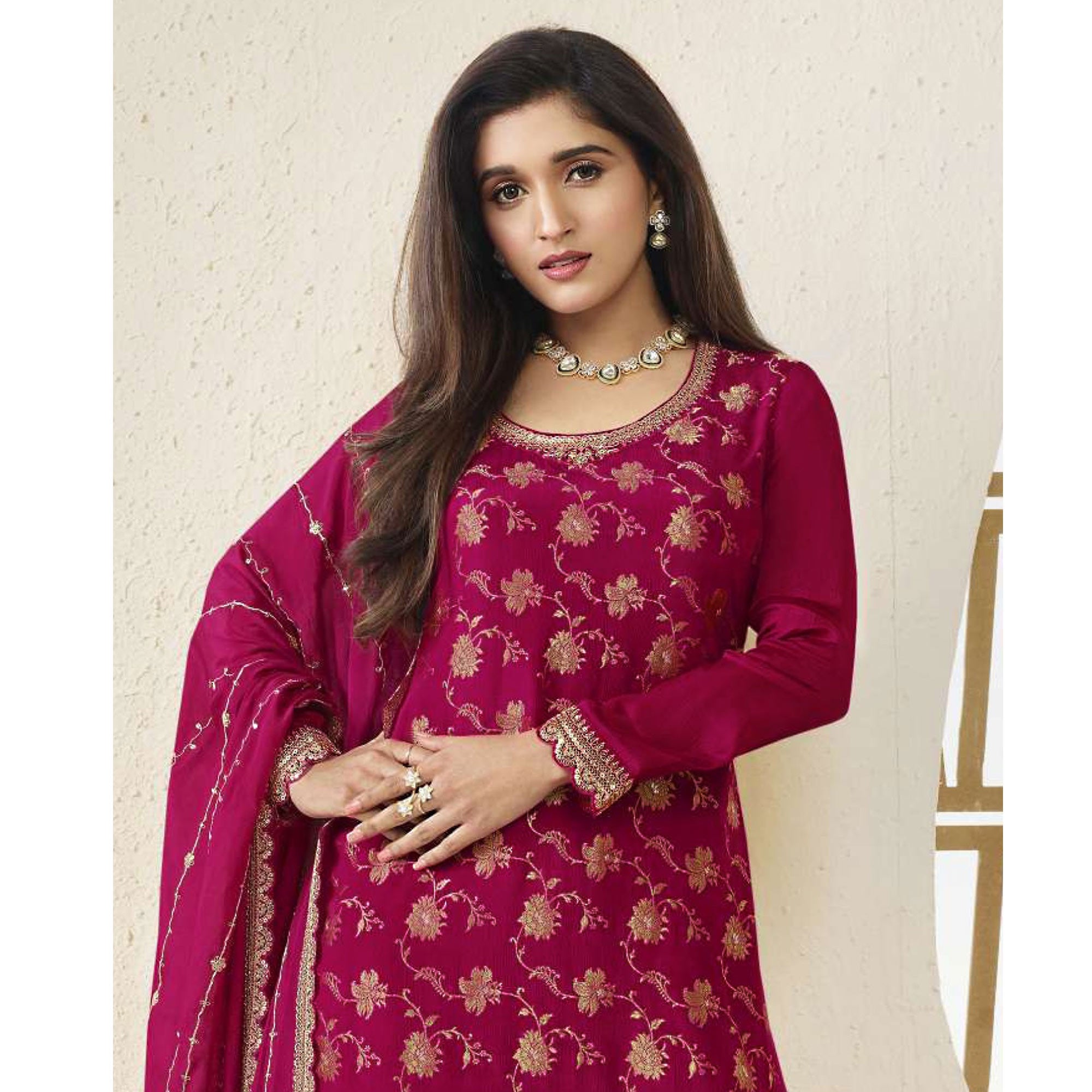 Rani Pink Floral Sequins Embroidered Chinon Semi Stitched Sharara Suit