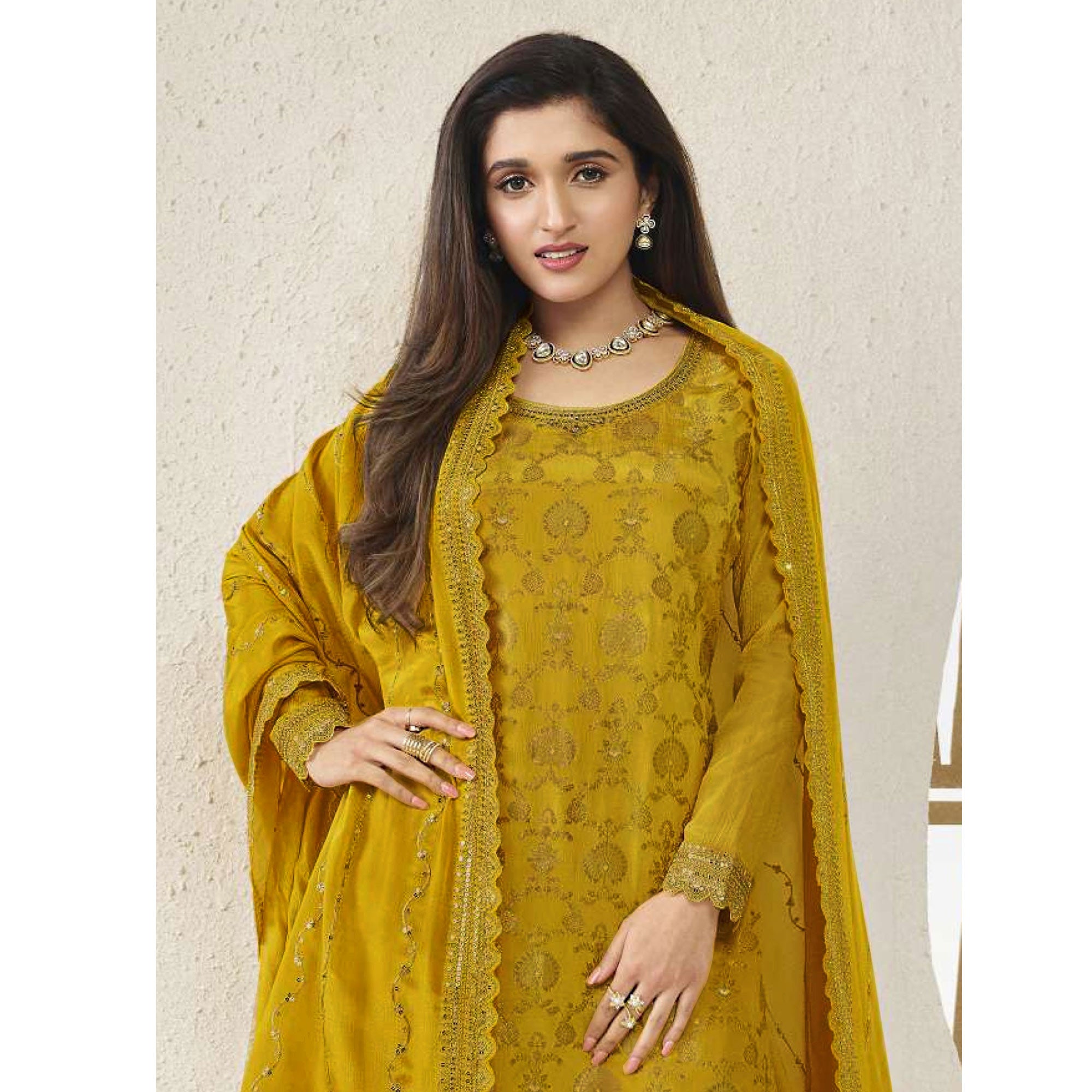 Mustard Floral Sequins Embroidered Chinon Semi Stitched Sharara Suit