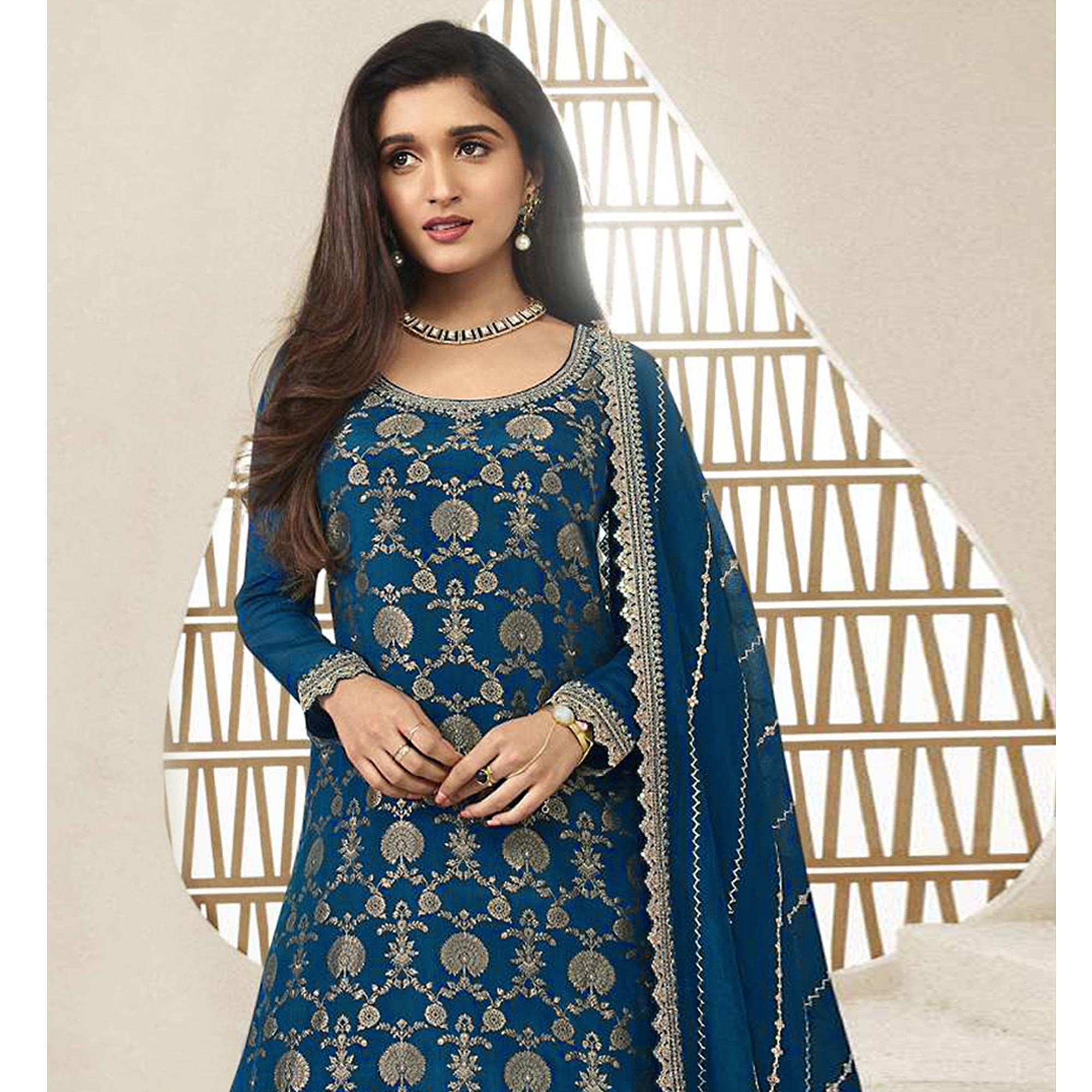 Blue Floral Sequins Embroidered Chinon Semi Stitched Sharara Suit