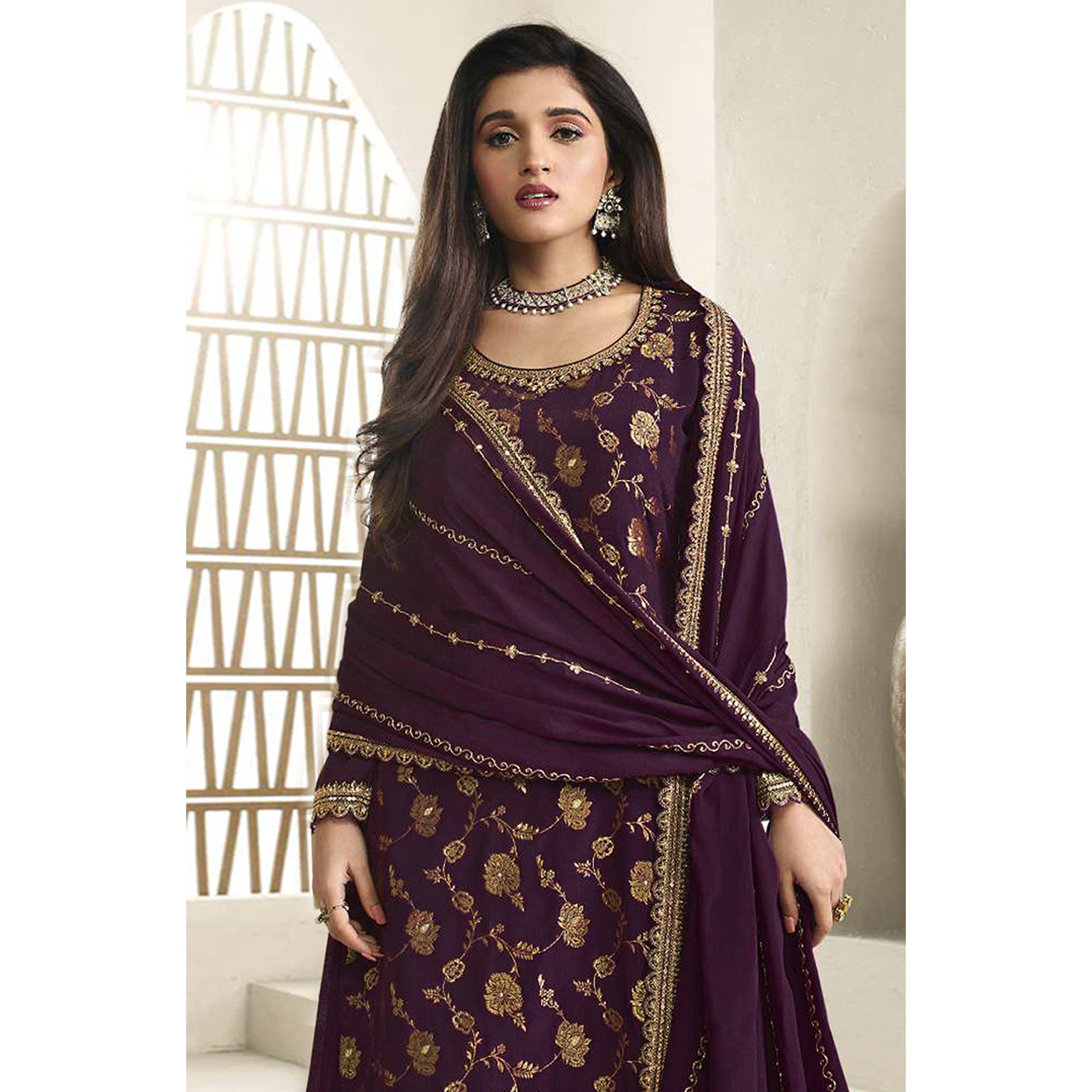 Purple Floral Sequins Embroidered Chinon Semi Stitched Sharara Suit