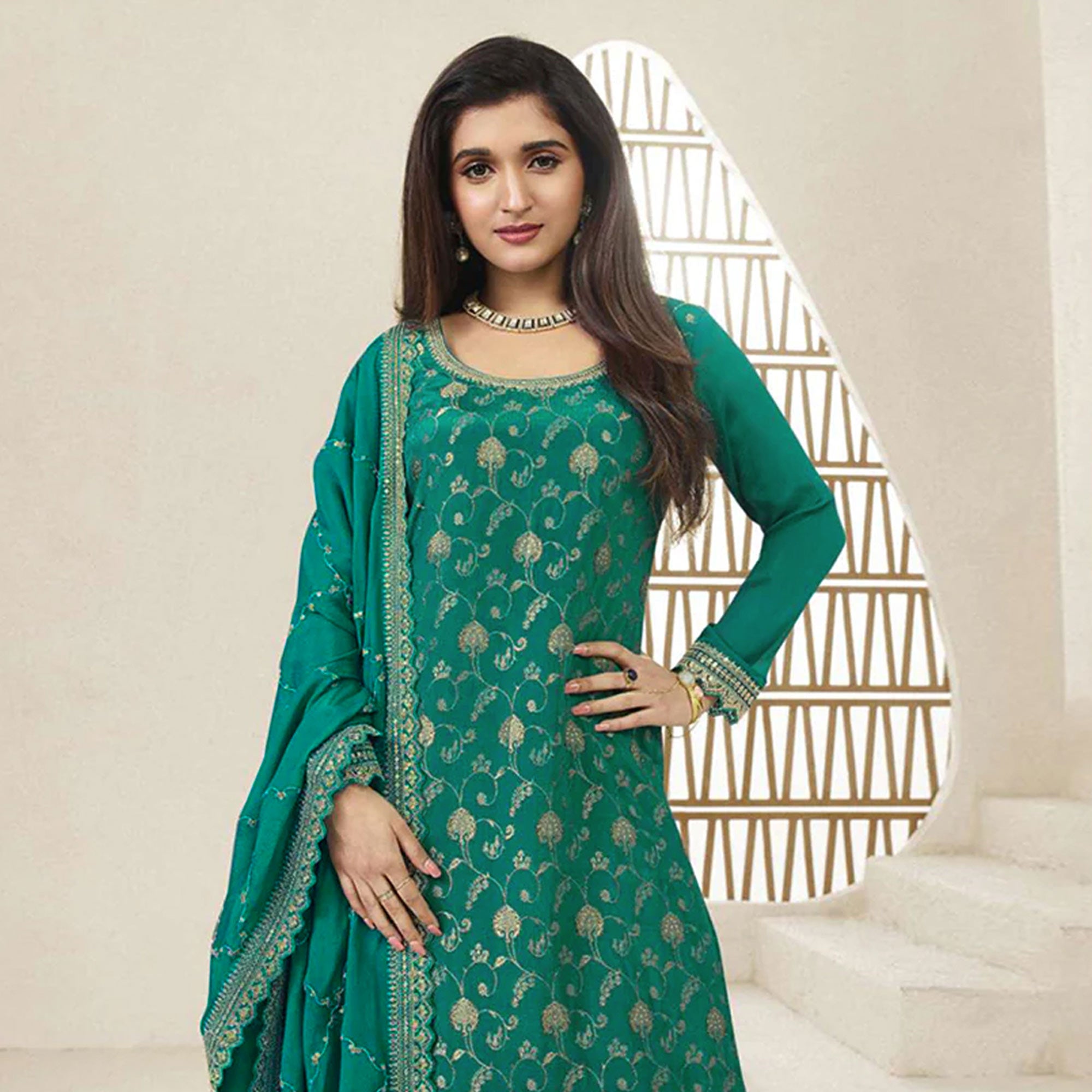 Rama Green Floral Sequins Embroidered Chinon Semi Stitched Sharara Suit