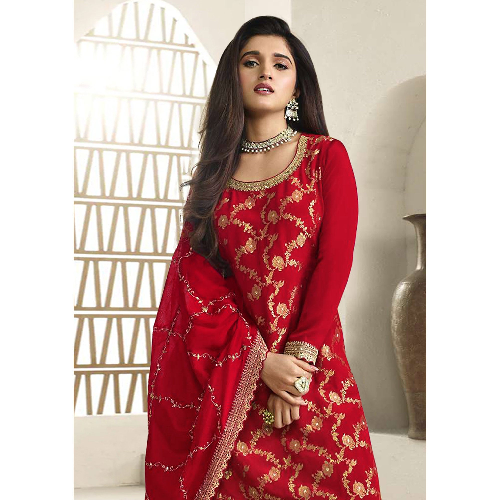 Red Floral Sequins Embroidered Chinon Semi Stitched Sharara Suit