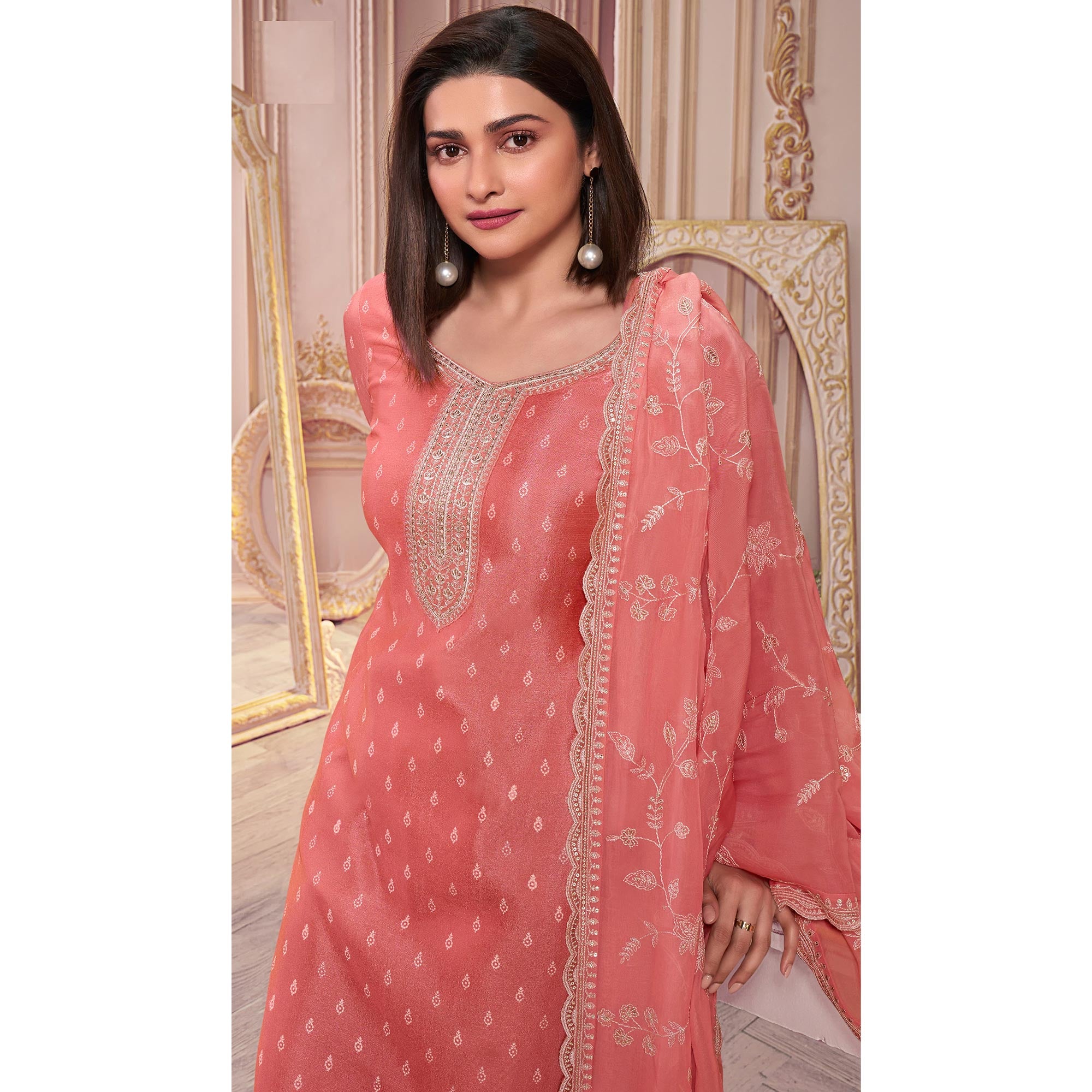 Peach Floral Sequins Embroidered Silk Georgette Semi Stitched Salwar Suit