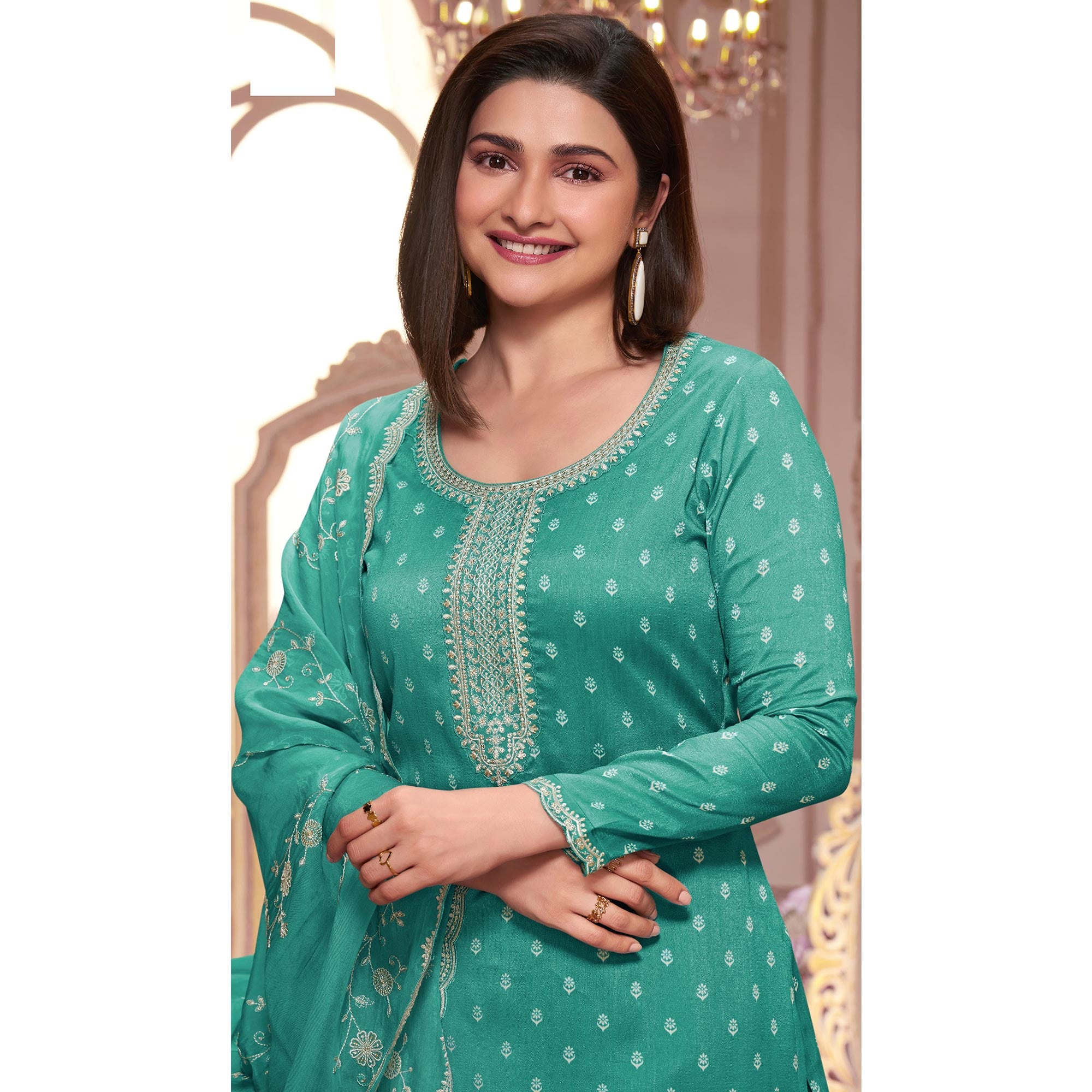 Rama Green Floral Sequins Embroidered Silk Georgette Semi Stitched Salwar Suit