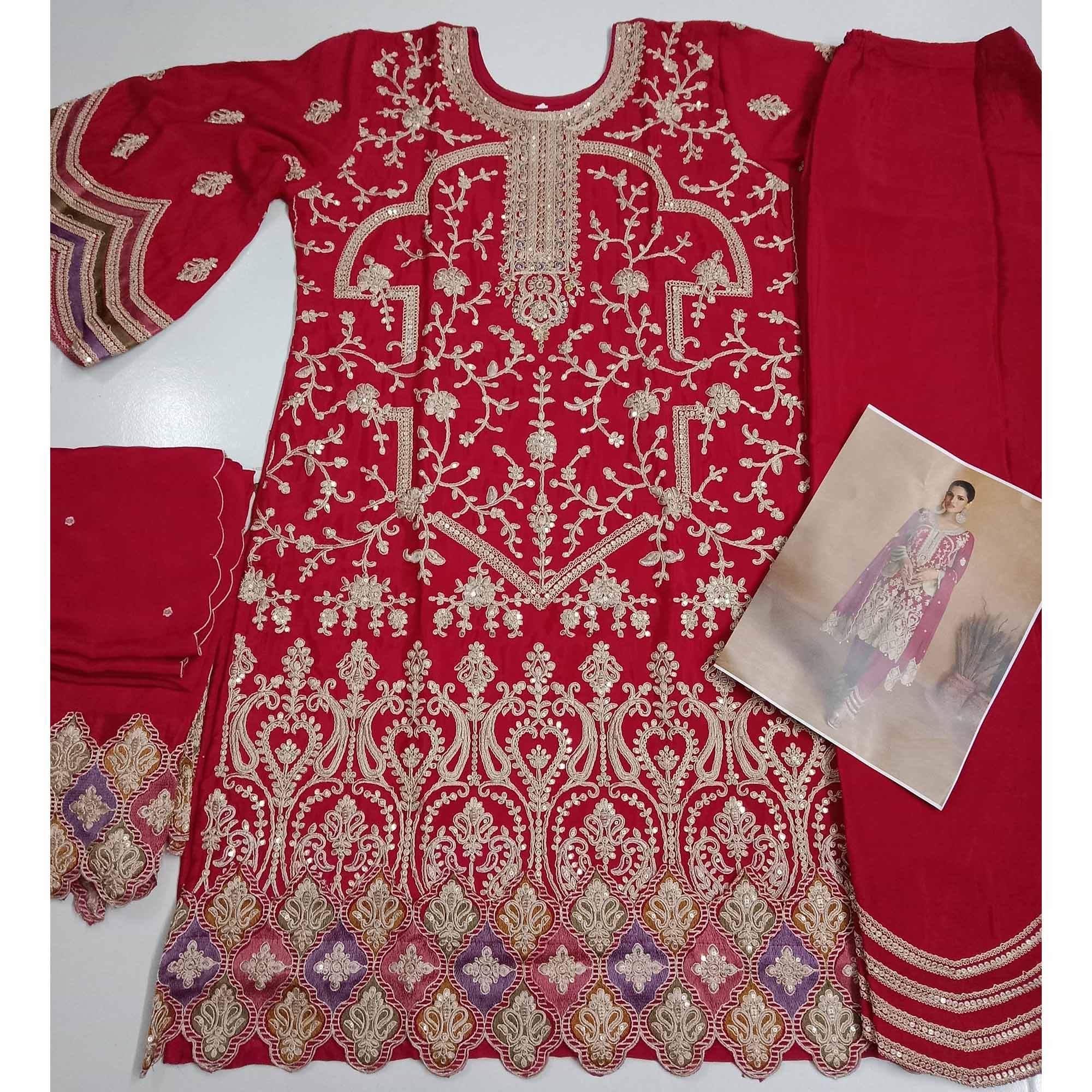 Red Floral Sequins Embroidered Chinon Palazzo Suit