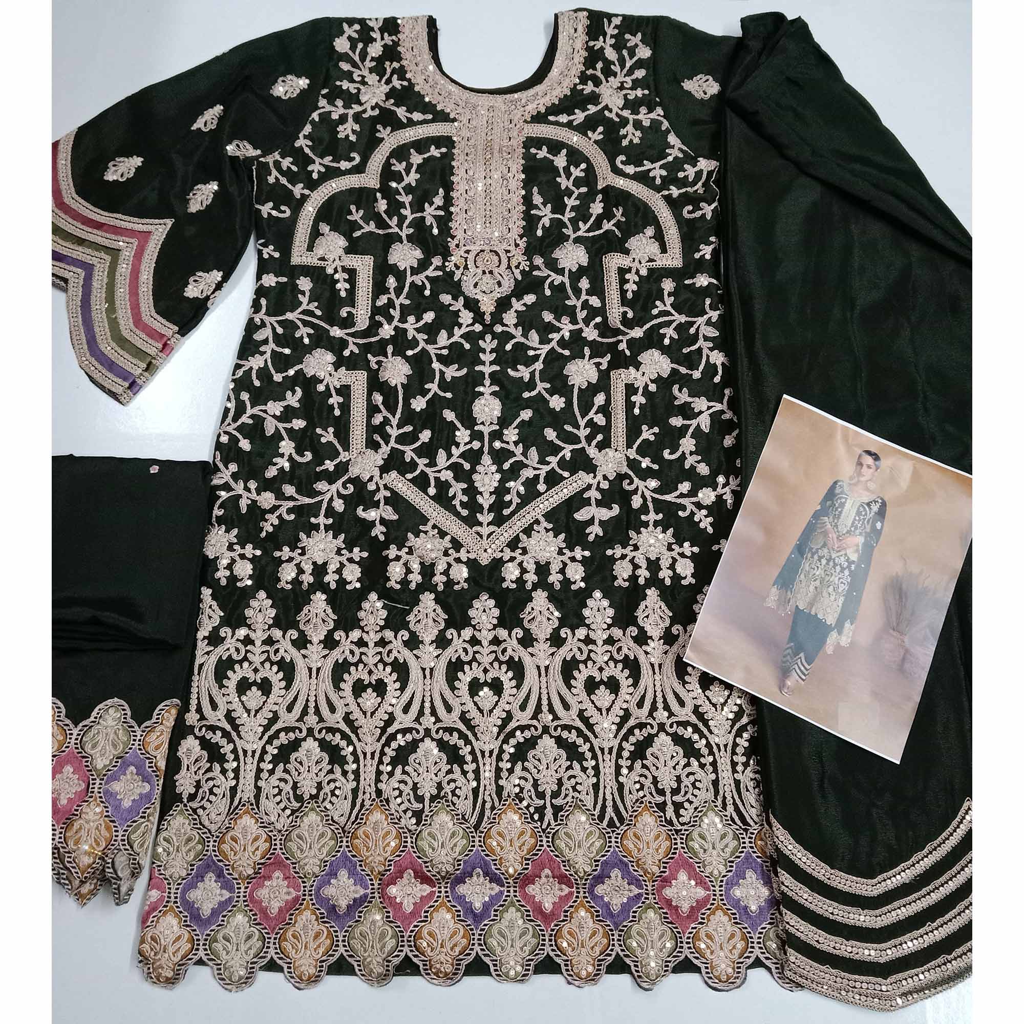 Black Floral Sequins Embroidered Chinon Palazzo Suit