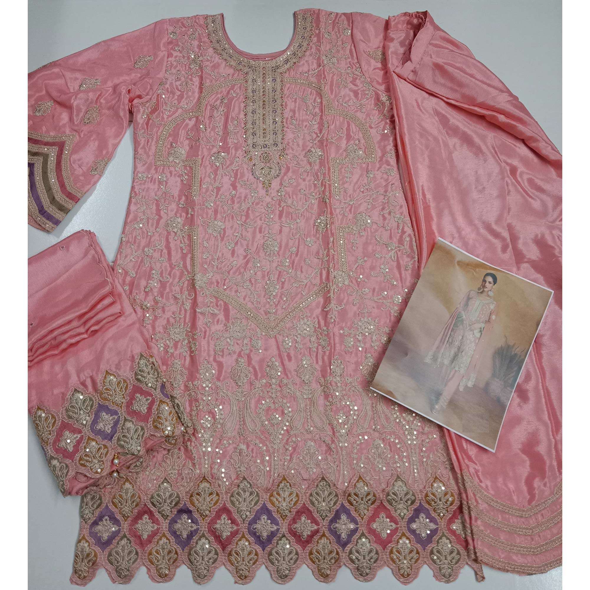 Gajari Pink Floral Sequins Embroidered Chinon Palazzo Suit