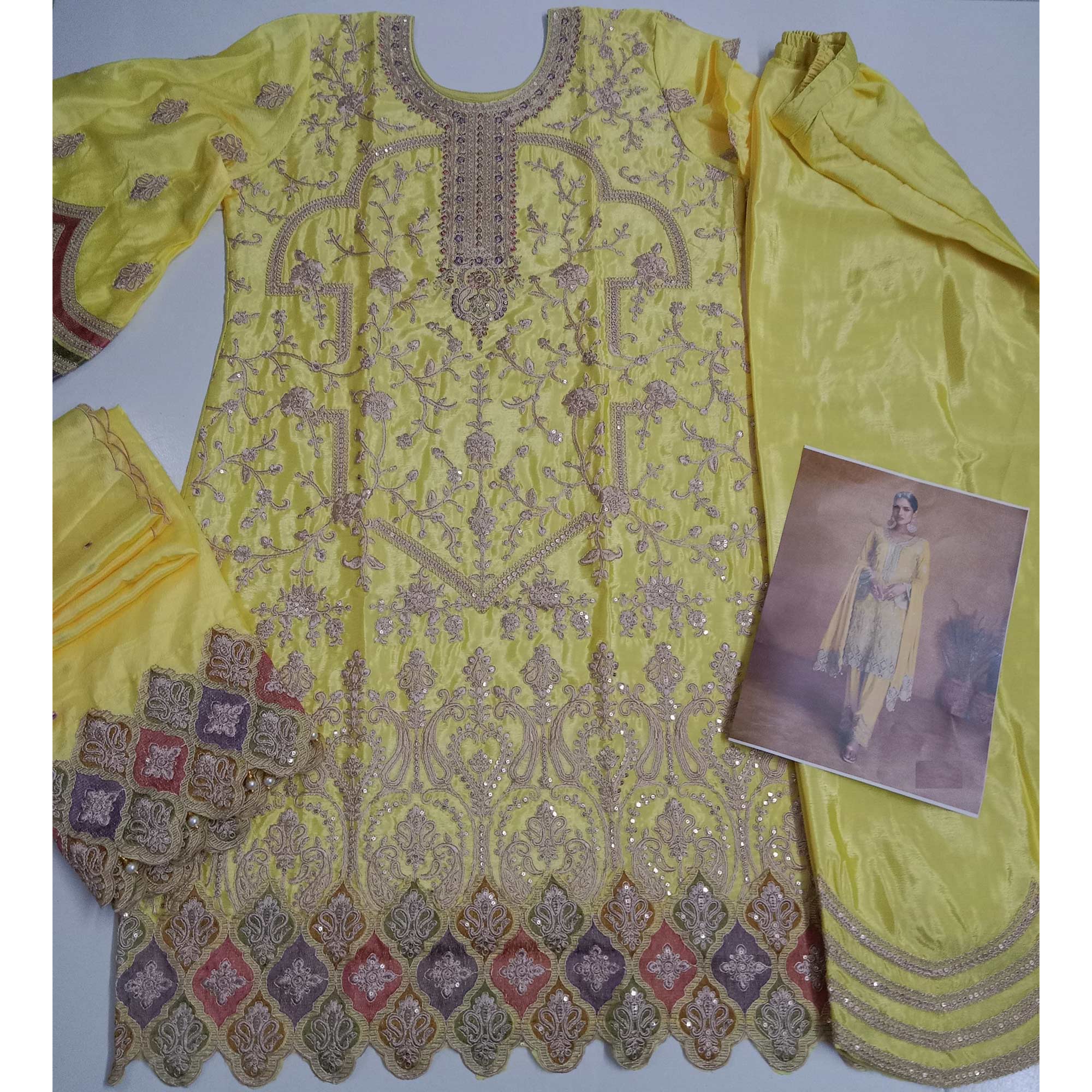 Yellow Floral Sequins Embroidered Chinon Palazzo Suit