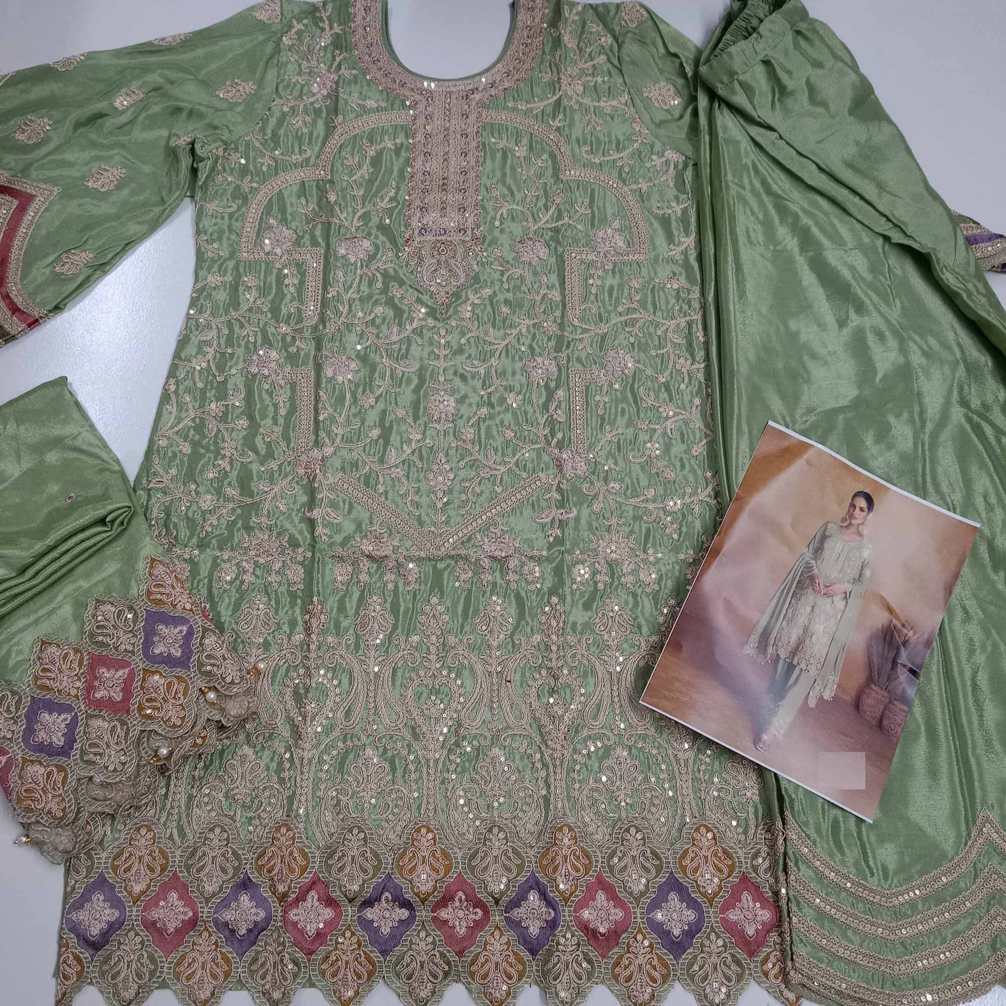Green Floral Sequins Embroidered Chinon Palazzo Suit