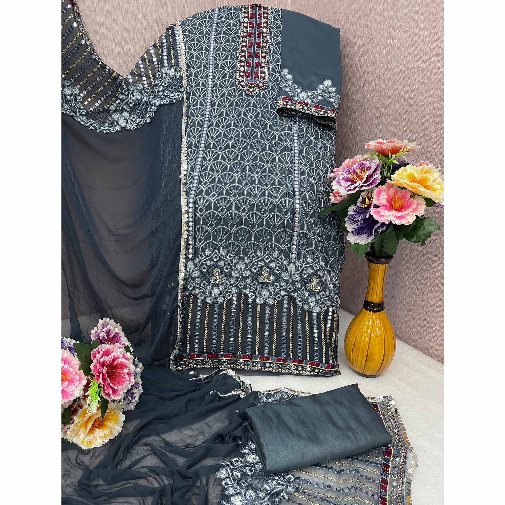 Grey Embroidered Georgette Semi Stitched Pakistani Suit