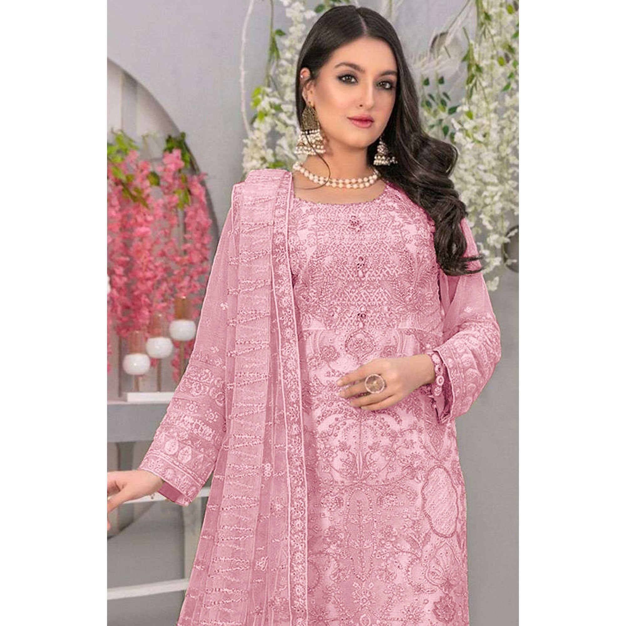 Pink Embroidered Georgette Semi Stitched Pakistani Suit