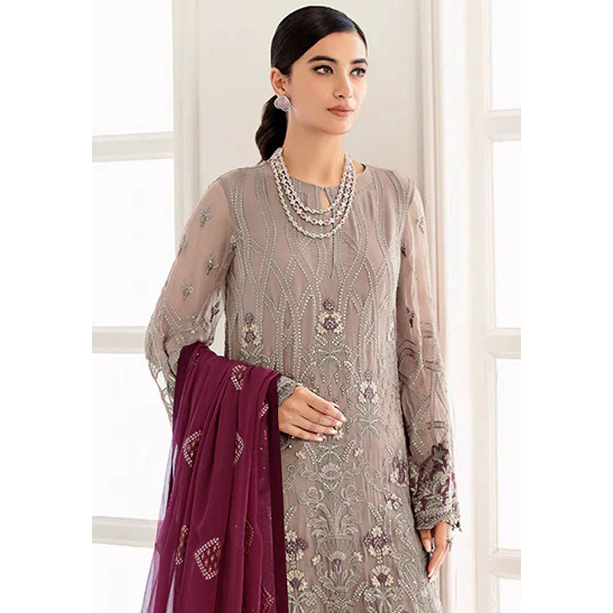 Beige Embroidered Georgette Semi Stitched Pakistani Suit