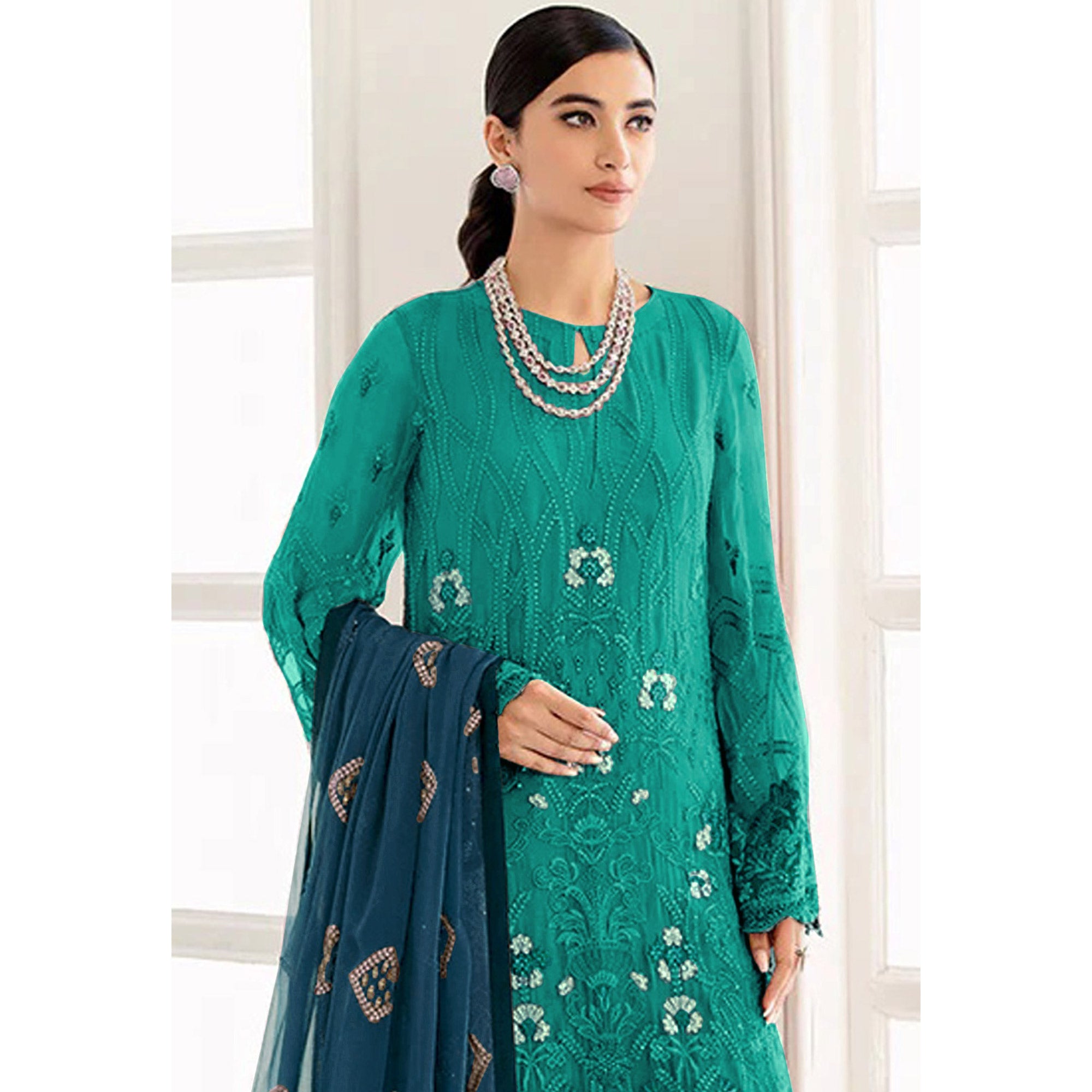 Rama Green Embroidered Georgette Semi Stitched Pakistani Suit