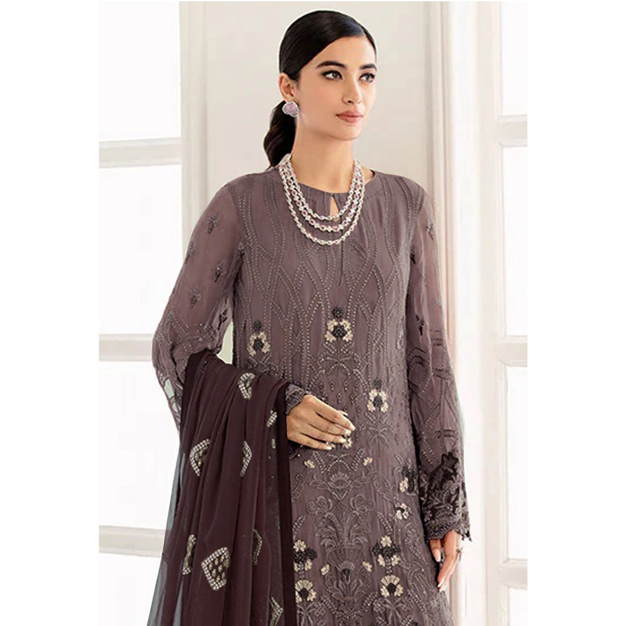 Mauve Embroidered Georgette Semi Stitched Pakistani Suit